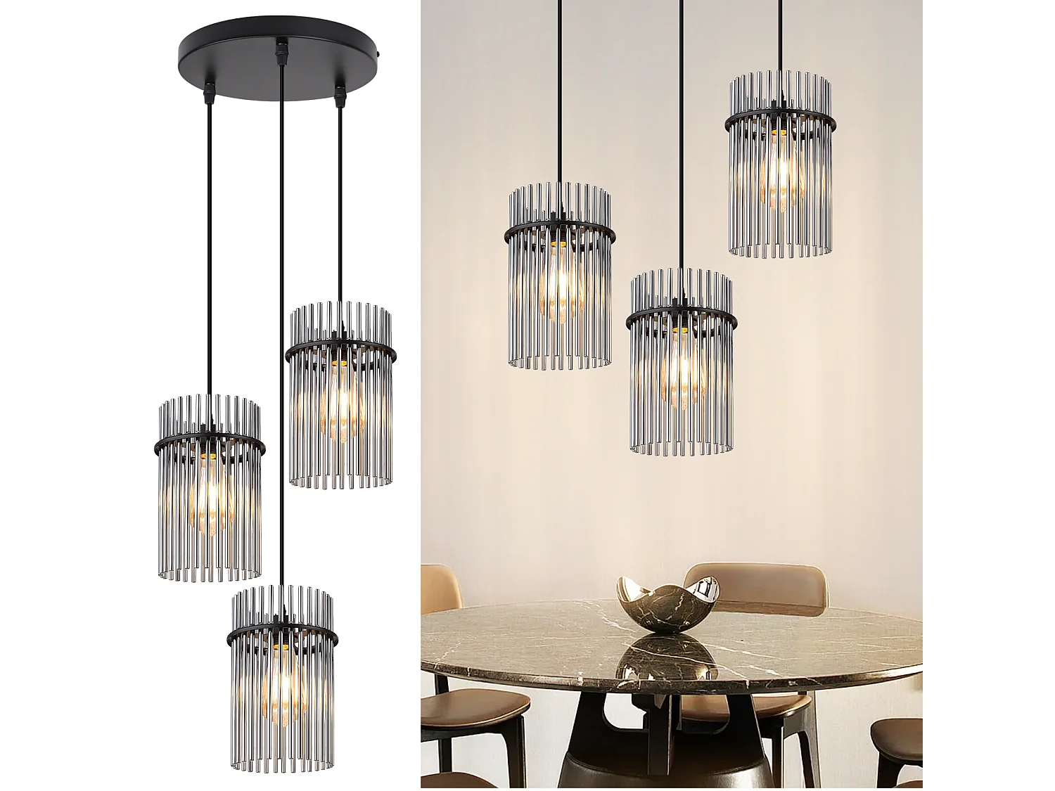 Lampa wisząca Nettlife z trzema żarówkami, czarna – okrągła szklana lampa wisząca do jadalni, z gniazdem E27, w stylu vintage (żarówki nie są dołączone) 4736371 - obrazek 1