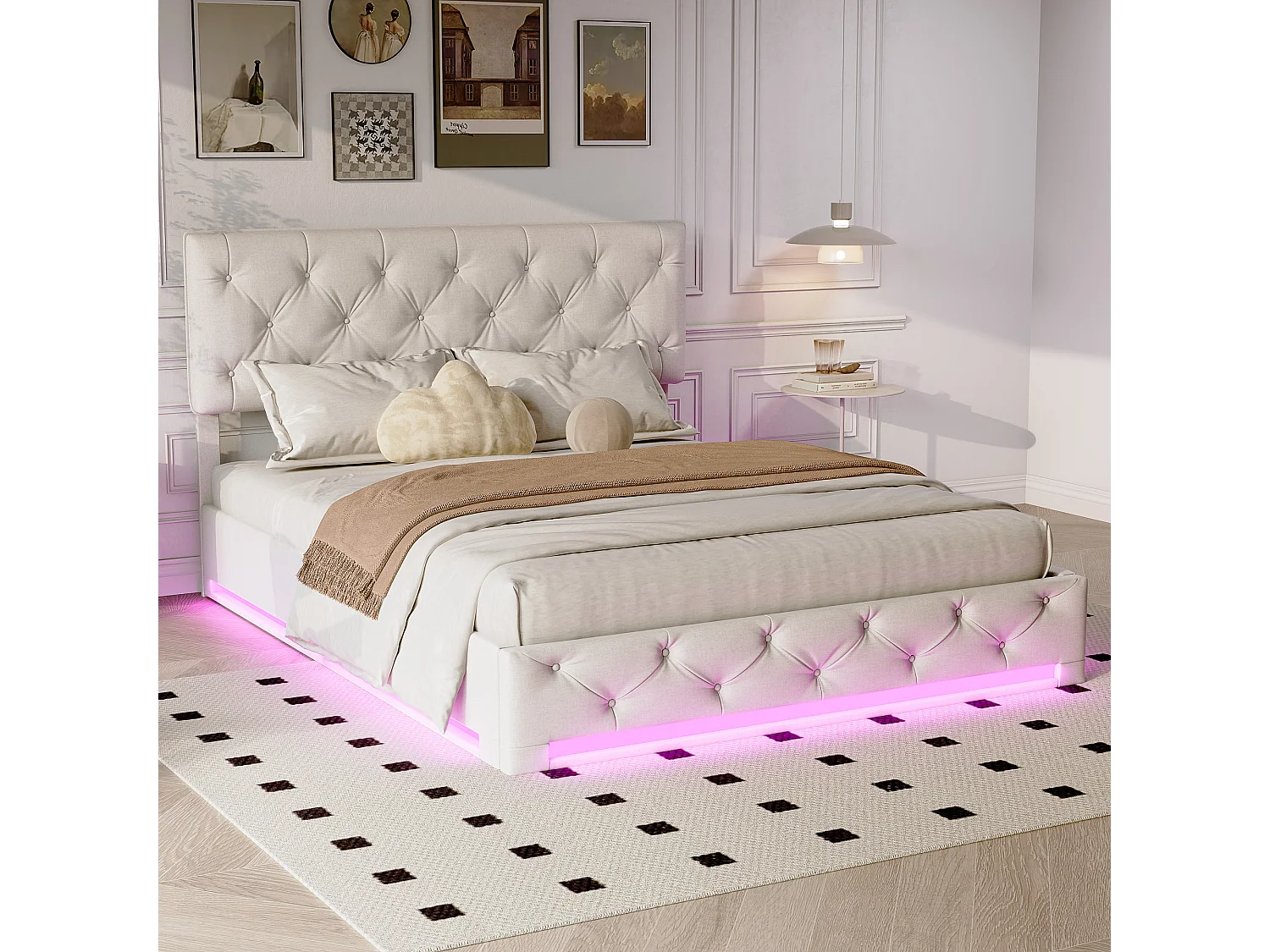 Łóżko podwójne 140x200 cm tapicerowane beżowe z LED RGB, hydraulicznym schowkiem i regulowanym zagłówkiem - styl nowoczesny bez materaca 4876255 - obrazek 1