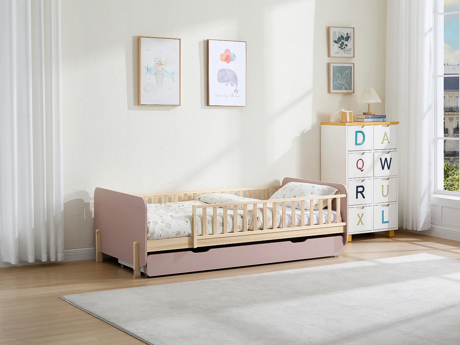 Łóżko 90 x 190 cm z szufladą – Sosna i MDF – Kolor: Naturalny i różowy + Materac – LADEMI 4878496