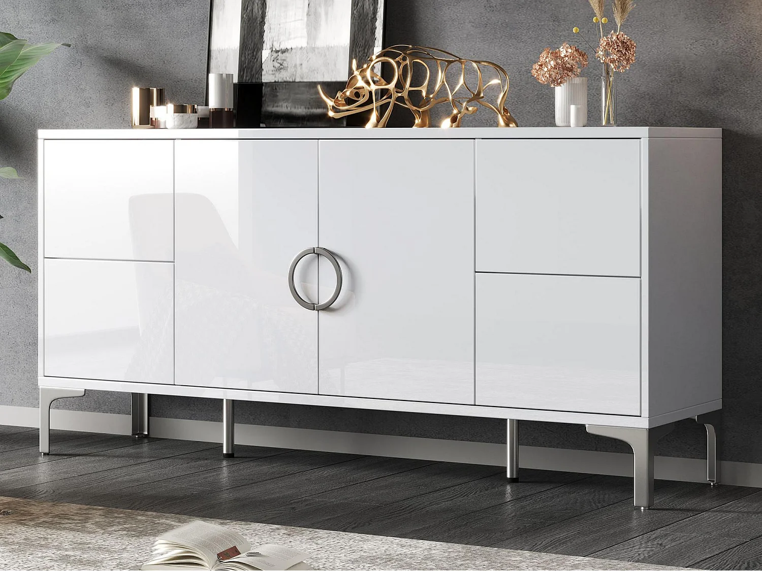 Lakierowany błyszczący kredens 150x38x59,5 cm – z 4 szufladami i 2 drzwiami – Nogi metalowe – MDF – Biały 4889610