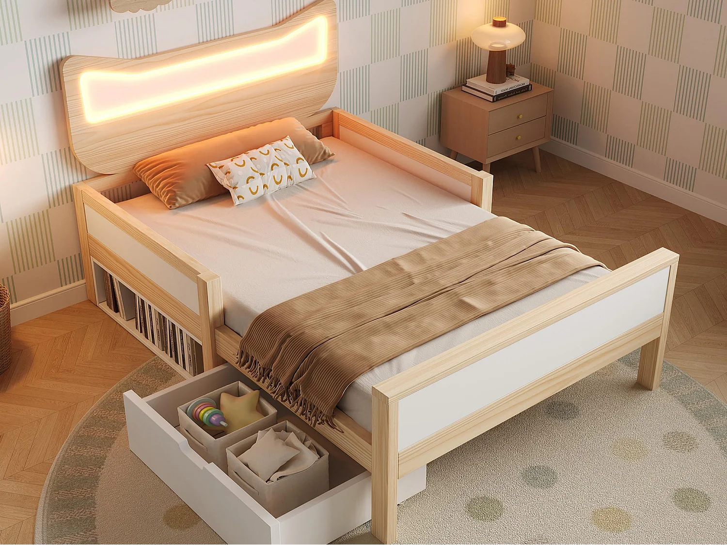 Łóżko pojedyncze dziecięce 90x190cm - wezgłowie uszy kota - z oświetleniem LED RGB i 1 szufladą - Biały + Naturalny​ (materac nie jest wliczony w cenę) 4889614 - obrazek 1
