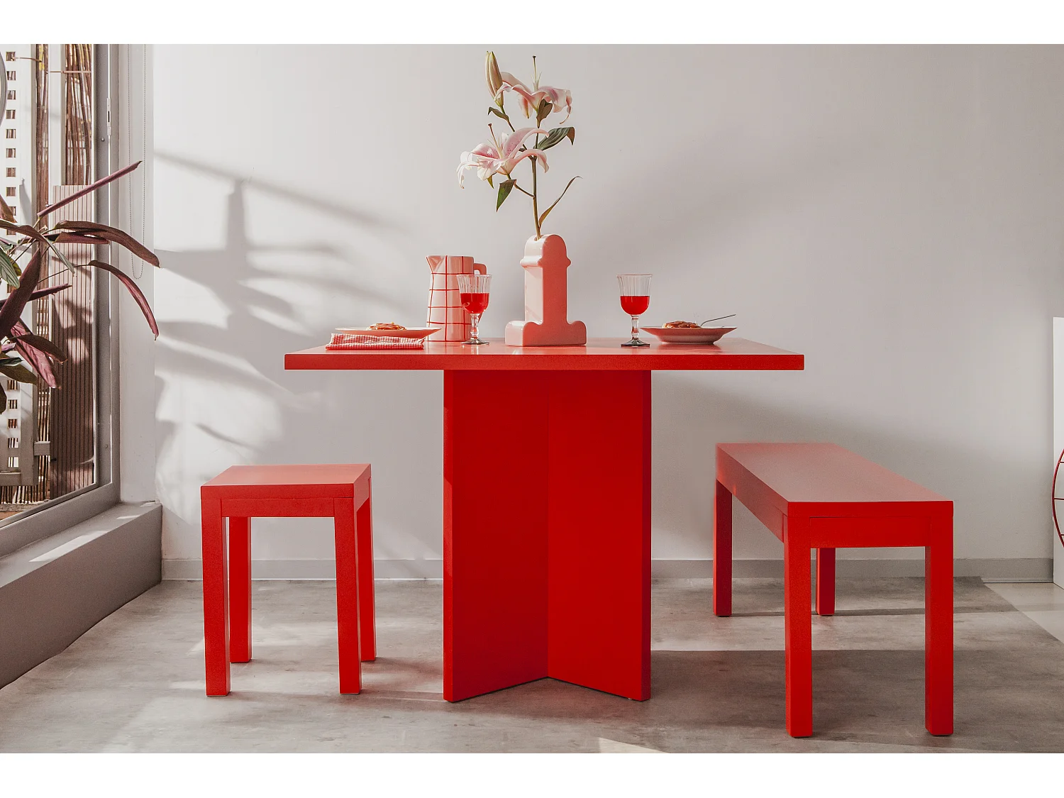 Kwadratowy stół jadalniany z laminowanym blatem 3 cm czerwony płomienny 100×100 cm 4895508