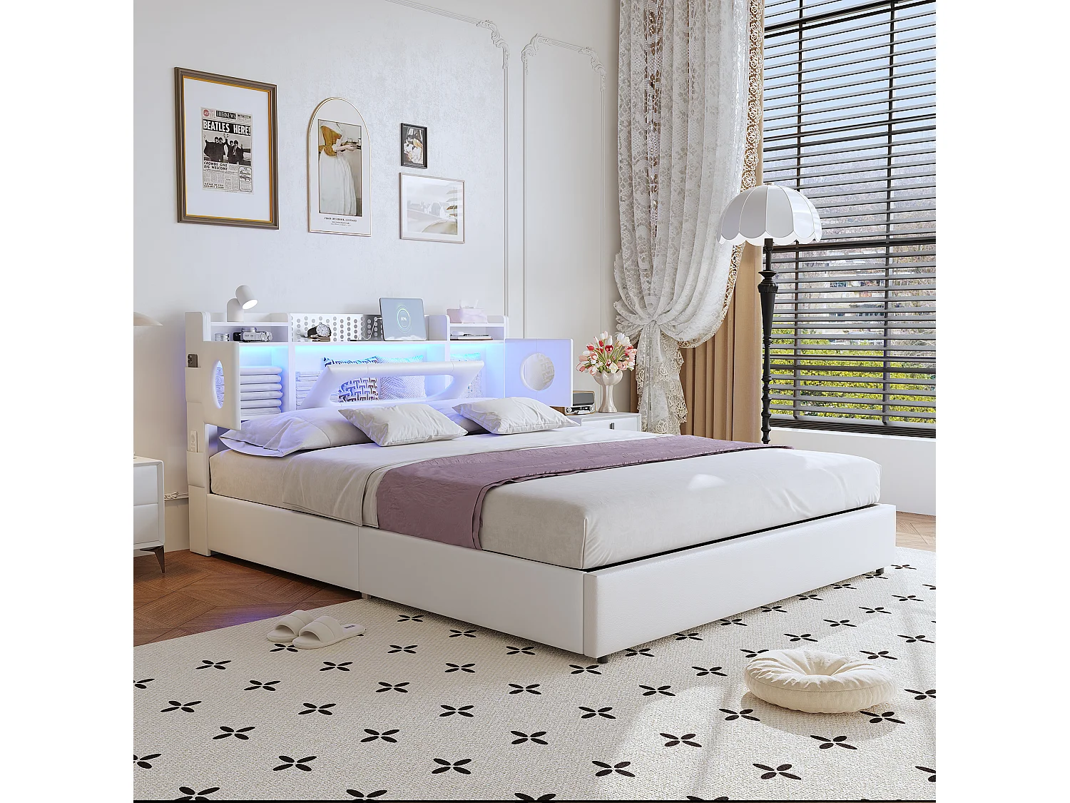 Łóżko podwójne 140x200 cm białe tapicerowane PU z LED, USB Typ-C, hydraulicznym schowkiem i wielofunkcyjnym nowoczesnym zagłówkiem 4897790 - obrazek 1