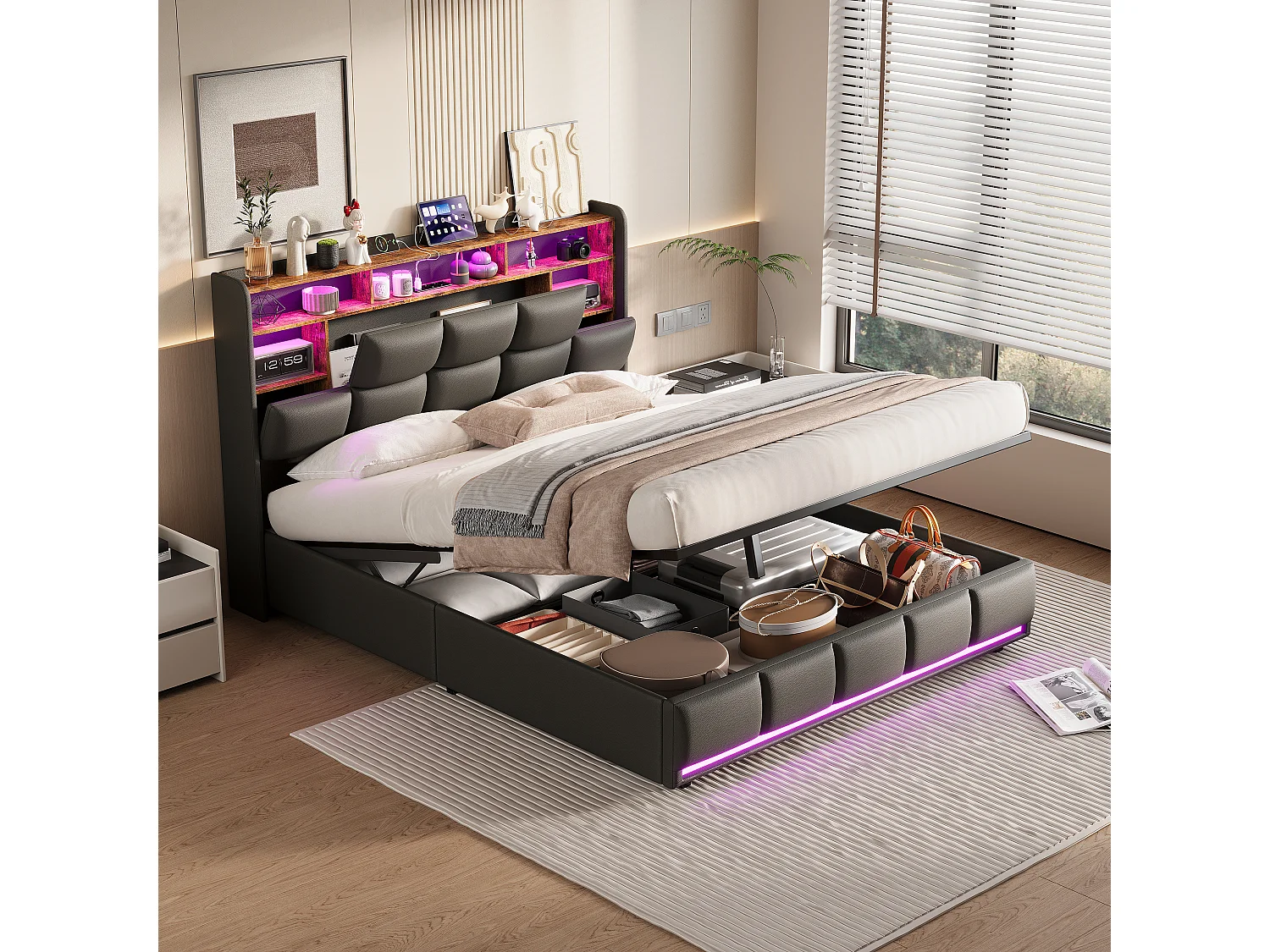 Łóżko podwójne 140×190 cm z czarnej skóry PU z hydraulicznym schowkiem, regulowanym oświetleniem LED i wbudowanym portem USB, styl nowoczesny 4897797