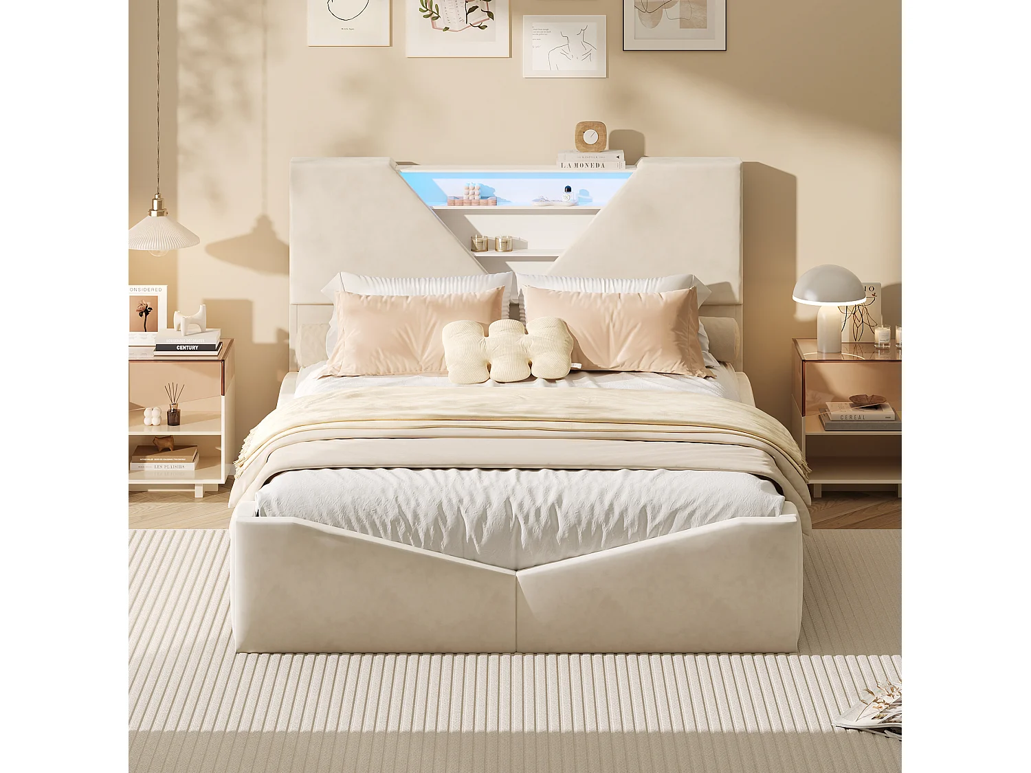 Łóżko podwójne 140x200 cm beżowy welur z LED, półką i 4 wbudowanymi szufladami do przechowywania, współczesny geometryczny design Art Déco 4899758 - obrazek 1