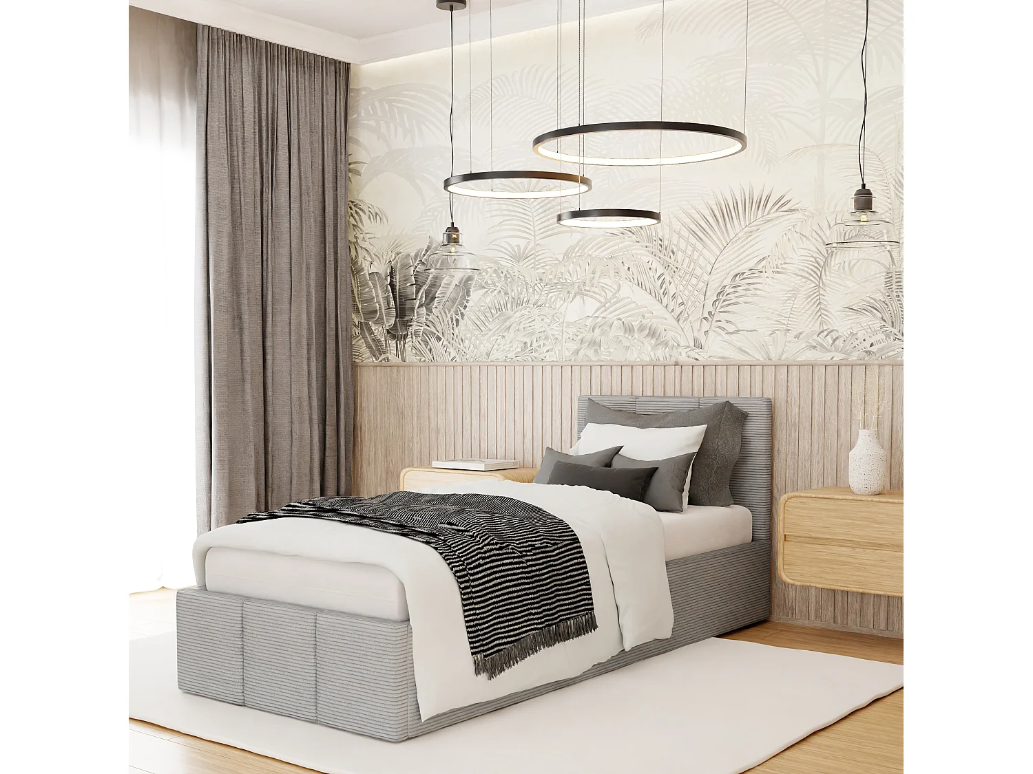 Łóżko Pojedyncze 90x200cm Łóżko Tapicerowane Z Pojemnikiem Szare - Tkanina Cord 4899836 - obrazek 1