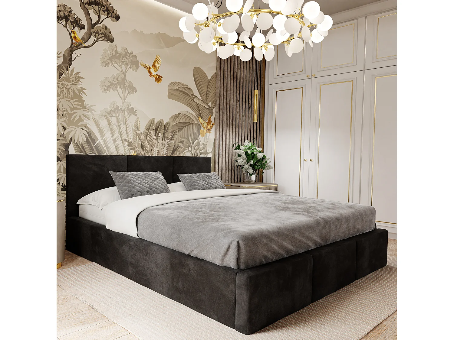 Łóżko Podwójne 160x200 Łóżko Tapicerowane Z Pojemnikiem Czarne - Tkanina Magicvelvet 4899860 - obrazek 1