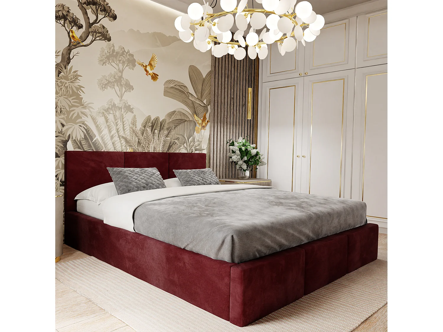 Łóżko Podwójne 160x200 Łóżko Tapicerowane Z Pojemnikiem Bordowe - Tkanina Magicvelvet 4899879 - obrazek 1