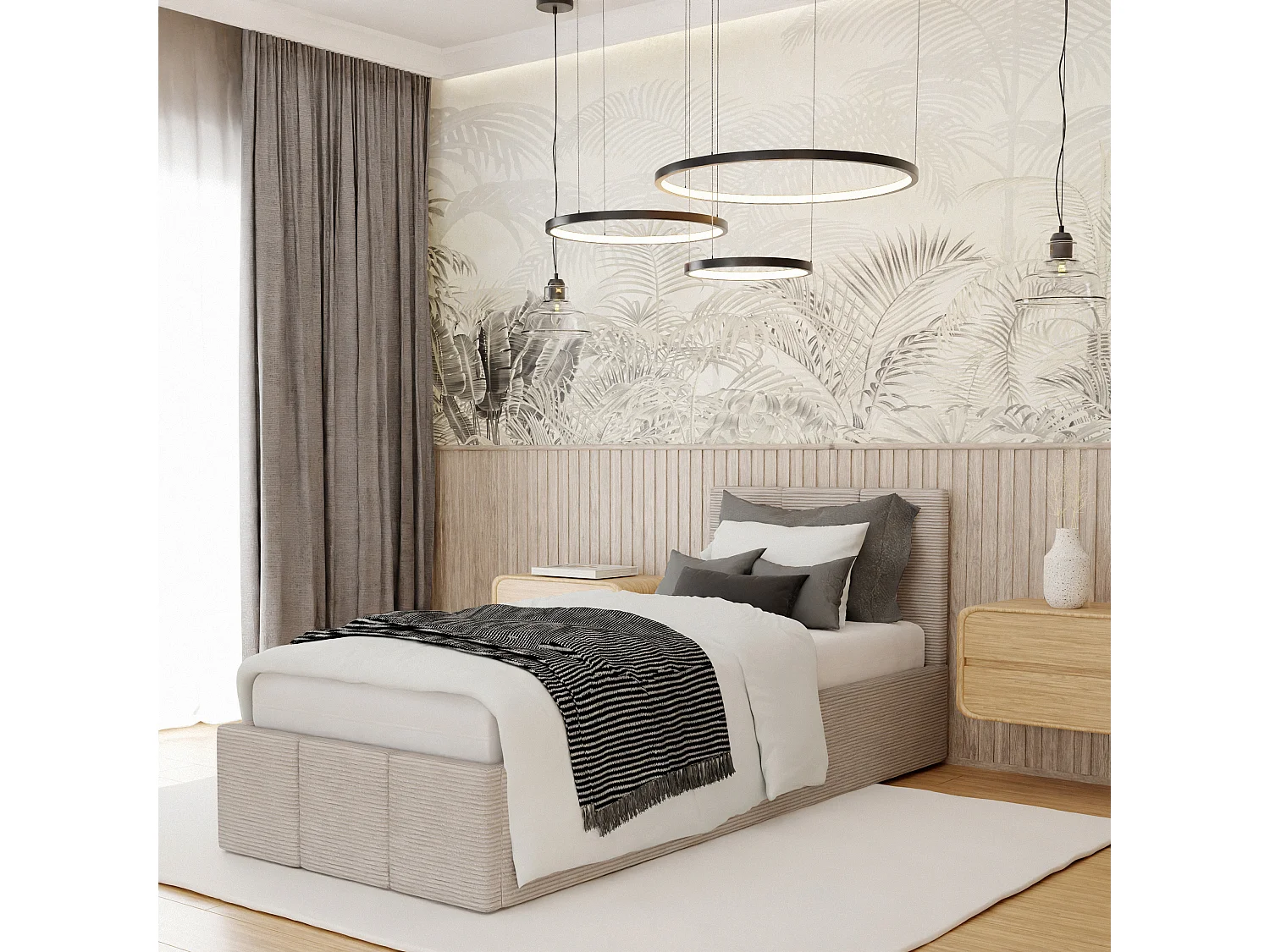 Łóżko Pojedyncze 90x200cm Łóżko Tapicerowane Z Pojemnikiem Beżowe - Tkanina Cord 4899876 - obrazek 1