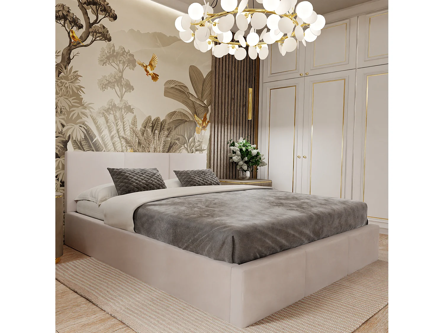 Łóżko Podwójne 140x200 Łóżko Tapicerowane Z Pojemnikiem Kremowe - Tkanina Magicvelvet 4899909 - obrazek 1