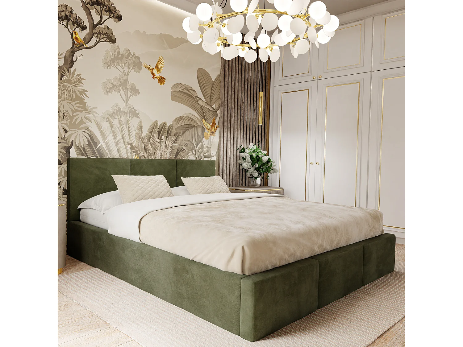 Łóżko Podwójne 160x200 Łóżko Tapicerowane Z Pojemnikiem Khaki - Tkanina Magicvelvet 4899993 - obrazek 1