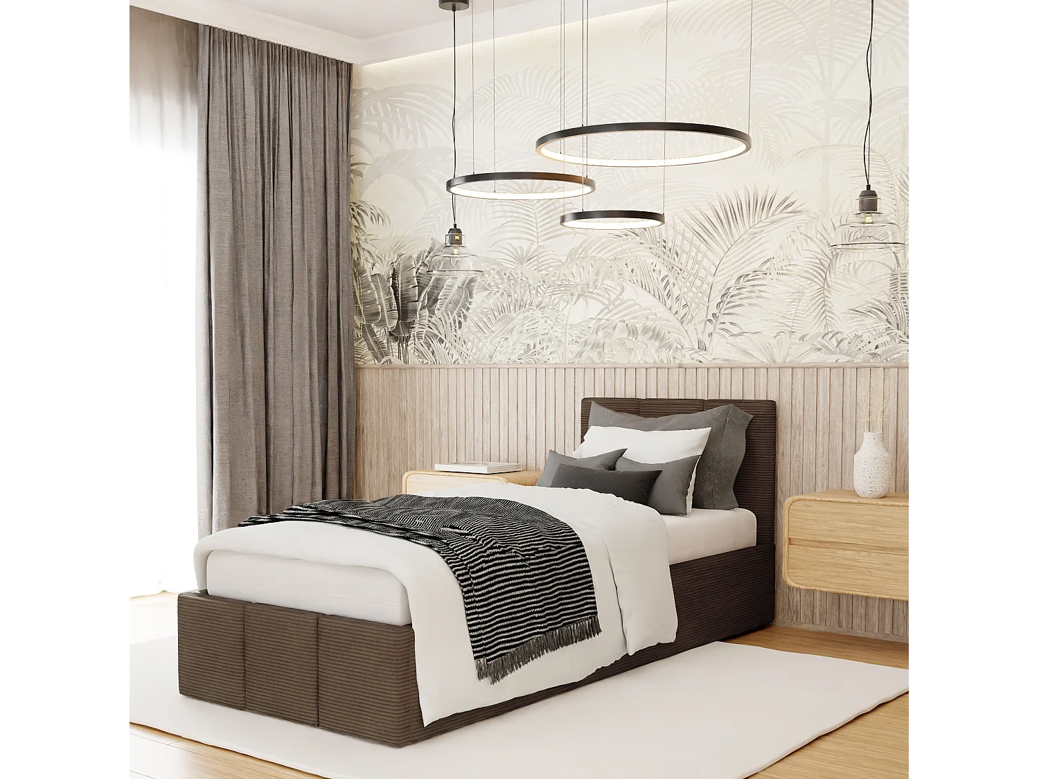 Łóżko Pojedyncze 90x200cm Łóżko Tapicerowane Z Pojemnikiem Brązowe - Tkanina Cord 4900054 - obrazek 1