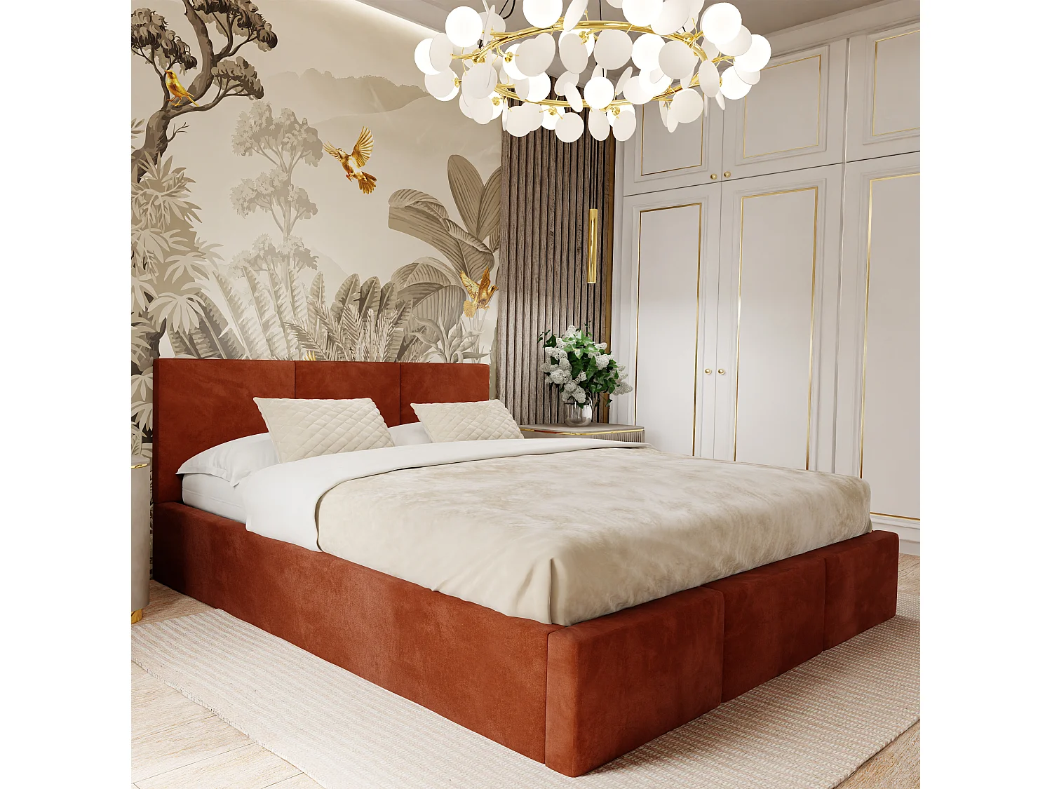 Łóżko Podwójne 140×200 Łóżko Tapicerowane Z Pojemnikiem Miodowe- Tkanina Magicvelvet 4900085