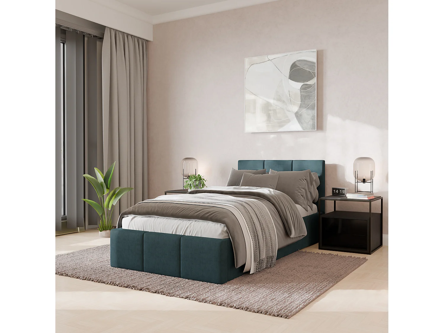 Łóżko Pojedyncze 90x200cm Łóżko Tapicerowane Z Pojemnikiem Morskie - Tkanina Magicvelvet 4900154 - obrazek 1