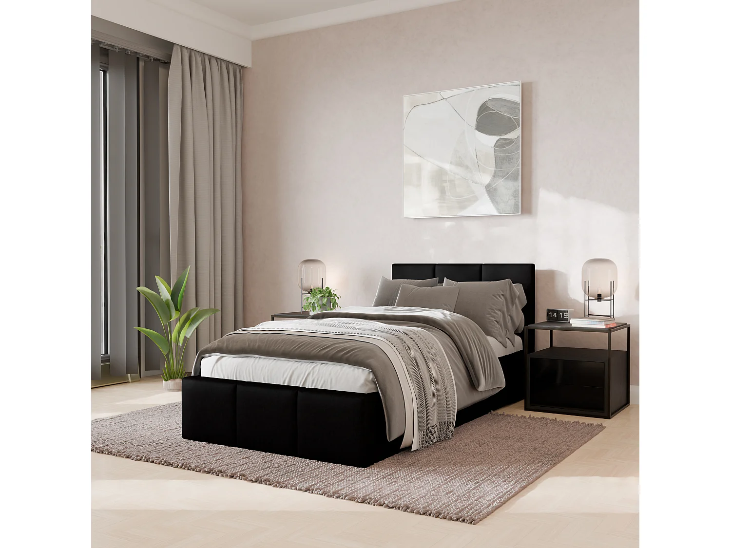 Łóżko Pojedyncze 90x200cm Łóżko Tapicerowane Z Pojemnikiem Czarne - Tkanina Magicvelvet 4900164 - obrazek 1
