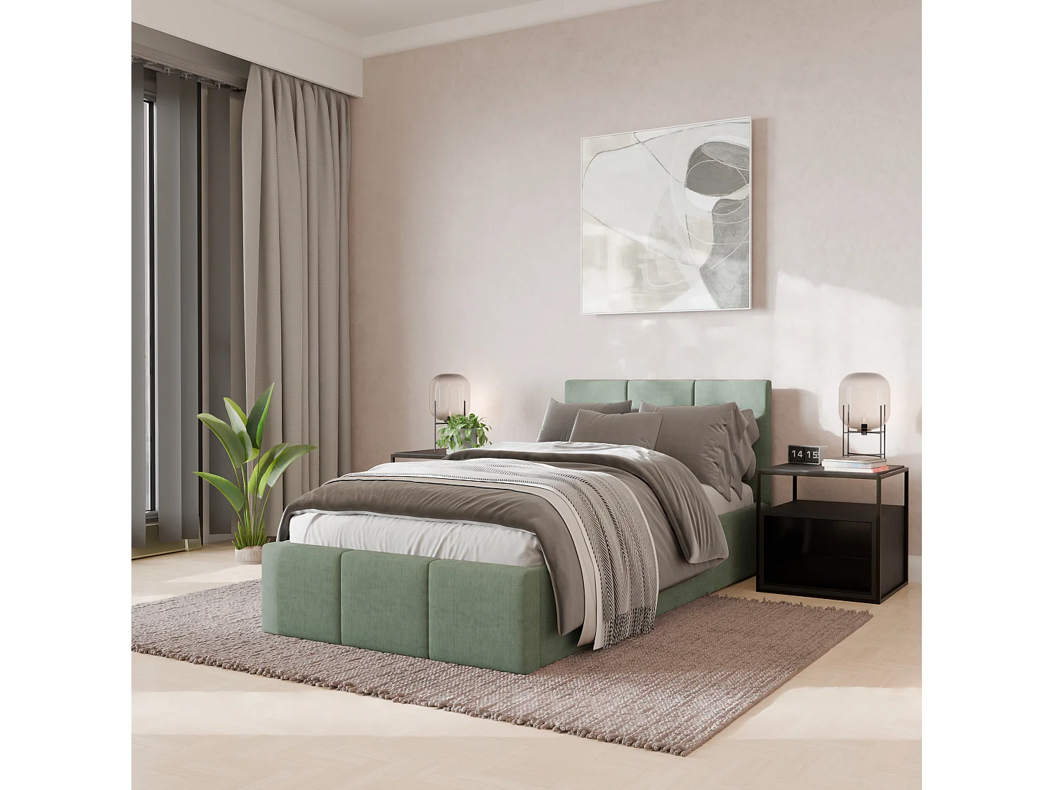 Łóżko Pojedyncze 90x200cm Łóżko Tapicerowane Z Pojemnikiem Miętowe - Tkanina Magicvelvet 4900215 - obrazek 1