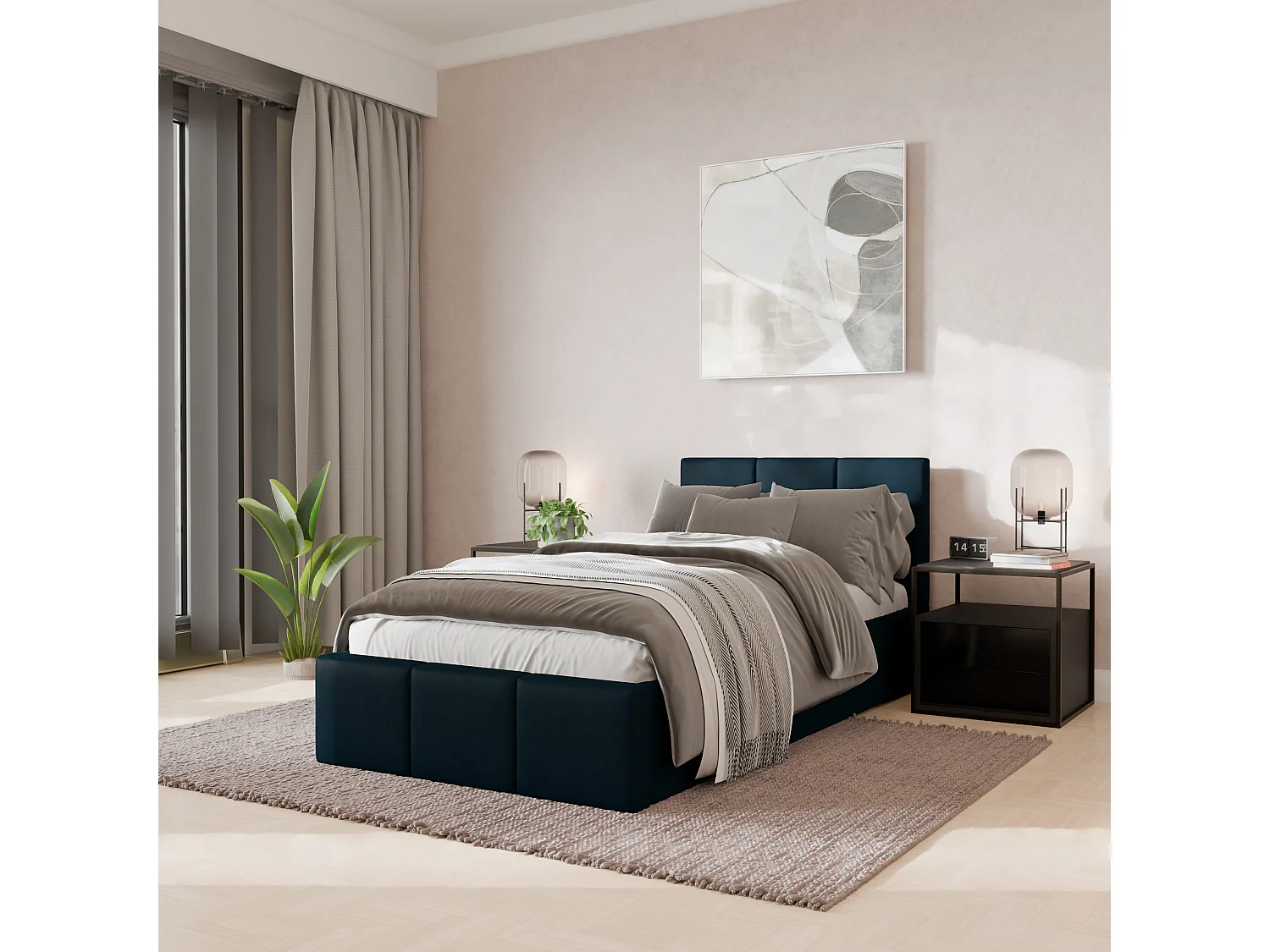 Łóżko Pojedyncze 90x200cm Łóżko Tapicerowane Z Pojemnikiem Granatowe - Tkanina Magicvelvet 4900229 - obrazek 1