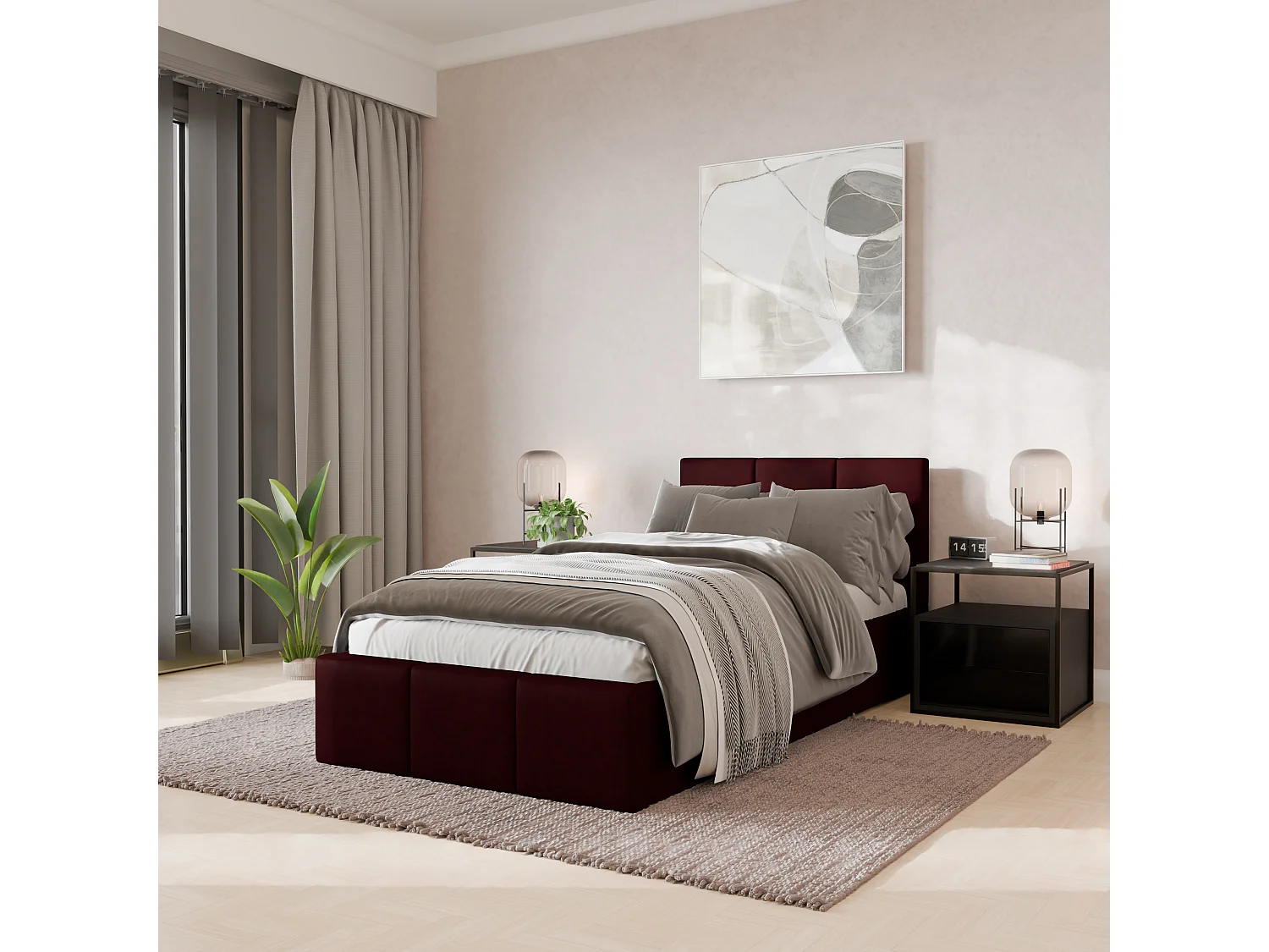 Łóżko Pojedyncze 90x200cm Łóżko Tapicerowane Z Pojemnikiem Bordowe - Tkanina Magicvelvet 4900244 - obrazek 1