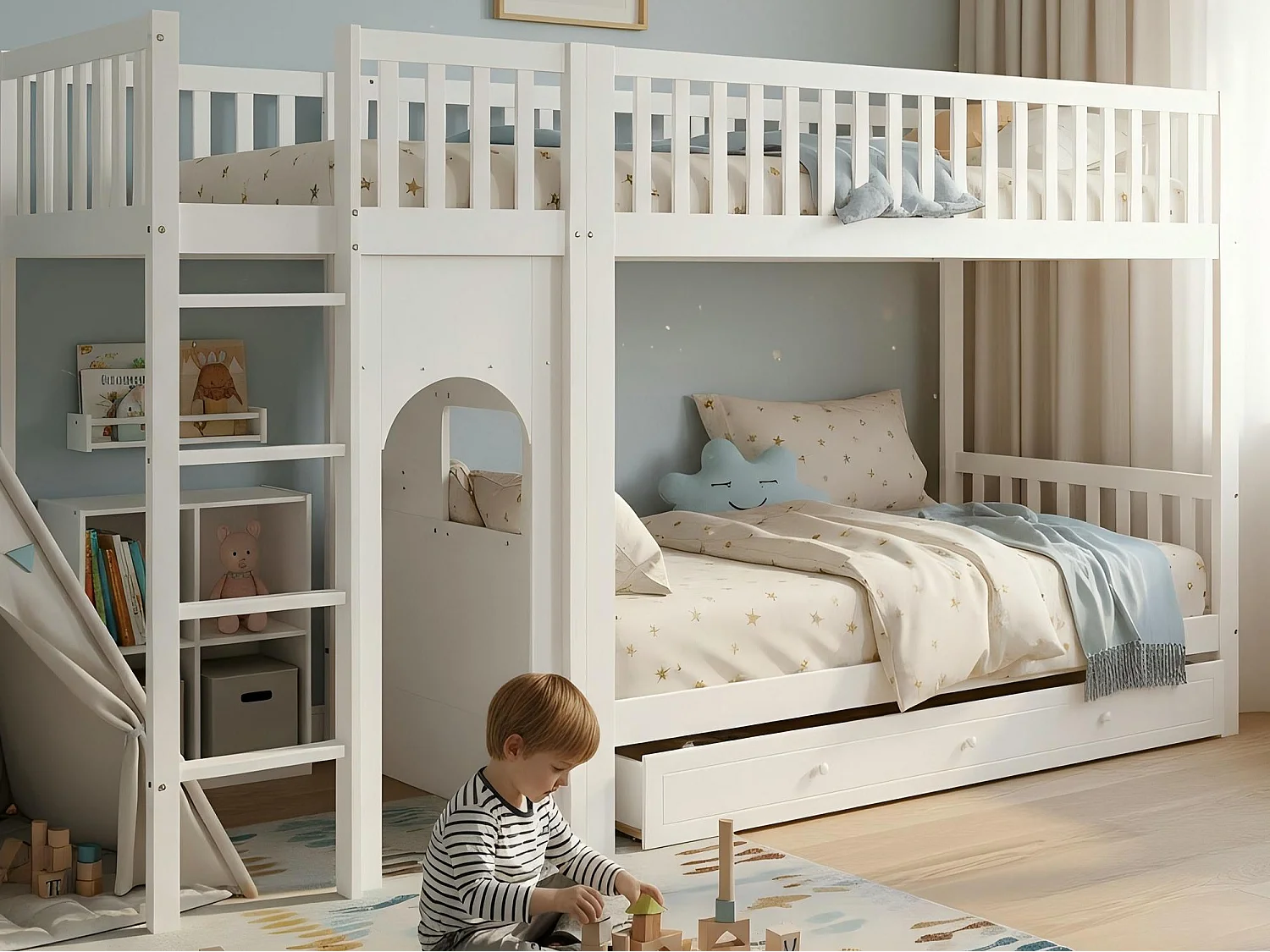 Łóżko piętrowe dziecięce 90x200 cm - z 1 dużą szufladą - z 4-stopniową drabiną - drewno lite + MDF - biały​ (bez materaca) 4900564 - obrazek 1