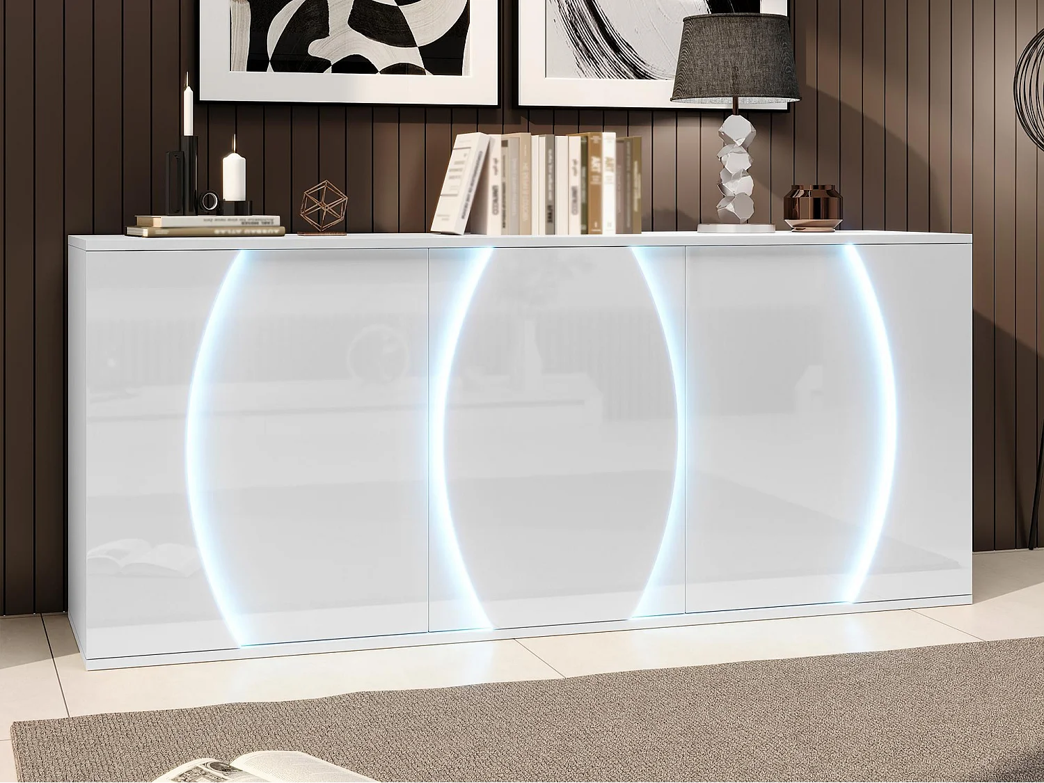 Lakierowany kredens o wysokim połysku 150x40x70 cm - Mebel pokojowy 3 drzwi - Oświetlenie LED - Płyta wiórowa - Biały 4900662 - obrazek 1