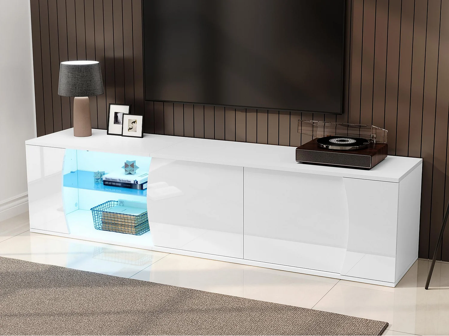 Lakierowany mebel TV o wysokim połysku 180x40x45 cm – Oświetlenie LED – 3 drzwi – Szyby ze szkła hartowanego – Płyta wiórowa – Biały 4900704