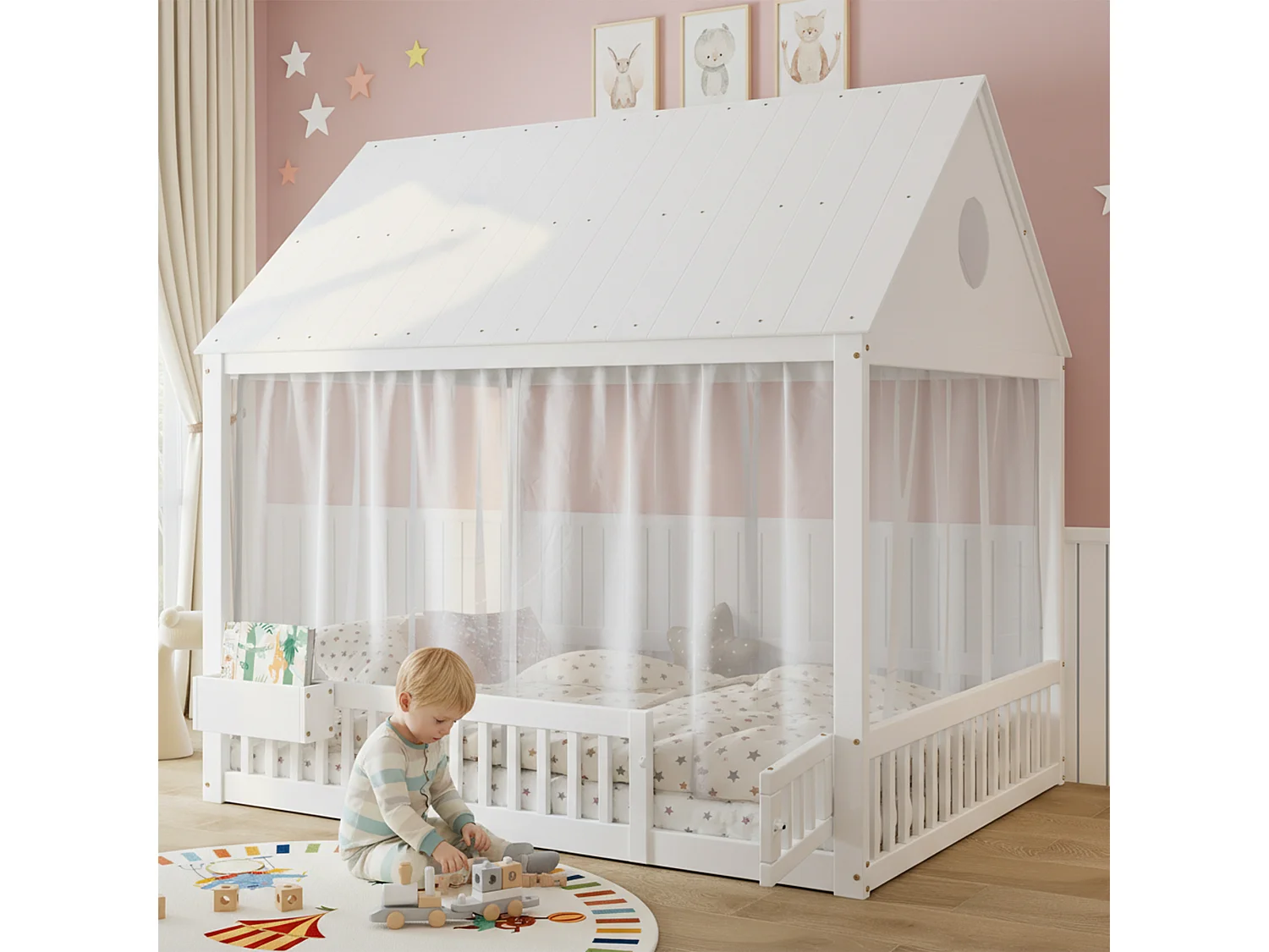 Łóżko pojedyncze dla dzieci - 140 x 200 cm - z baldachimem + zasłony dekoracyjne + mały schowek - sosna + MDF - białe 4901801 - obrazek 1