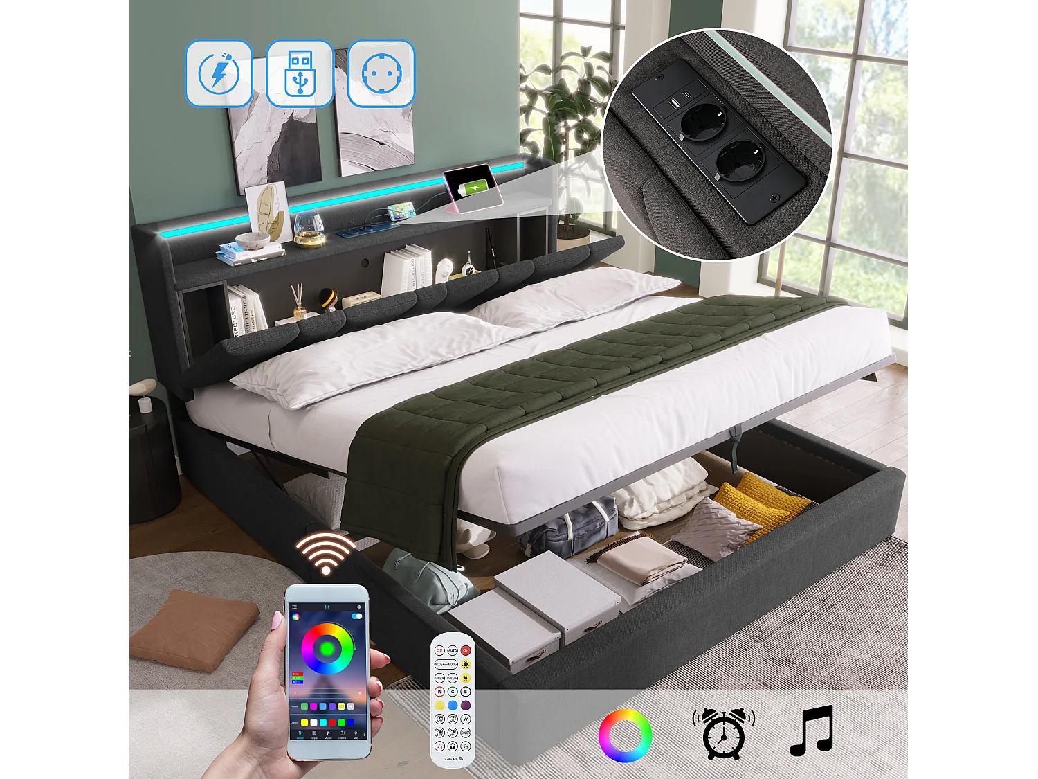 Łóżko tapicerowane z pojemnikiem - 140 x 190 cm - z portem USB + zagłówek ze schowkiem + diody LED - drewno - szare 4901816 - obrazek 1