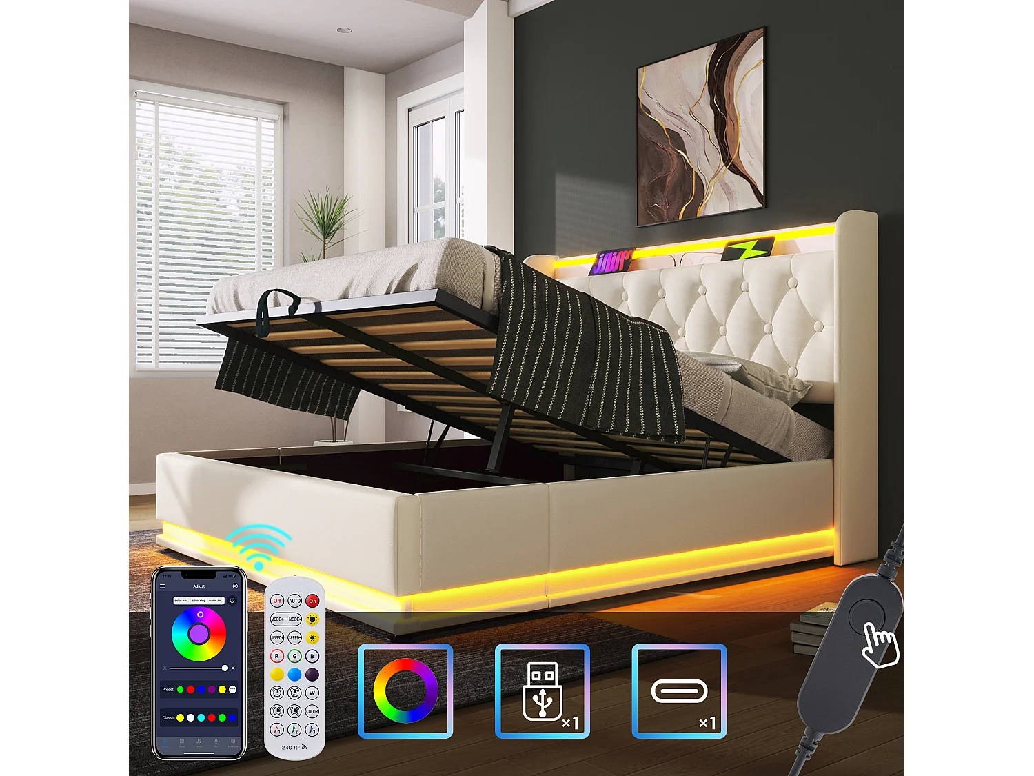 Łóżko tapicerowane dwuosobowe ze schowkiem - 140 x 190 cm - z oświetleniem LED + schowek hydrauliczny + zagłówek + USB typu C - PU - szare 4901818 - obrazek 1