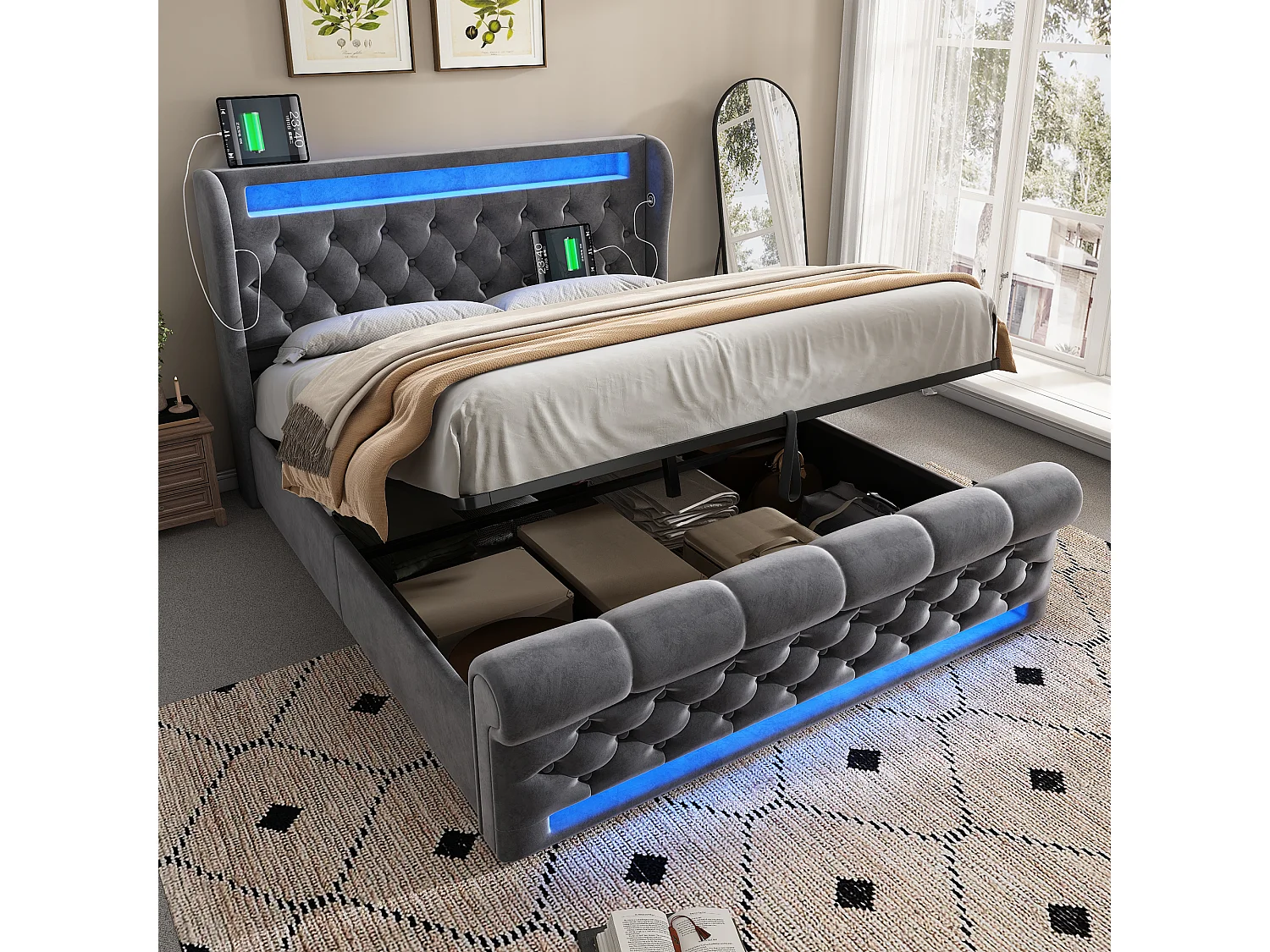 Łóżko tapicerowane dwuosobowe z pojemnikiem na pościel - 140 x 190 cm - z diodami LED + zagłówek + porty USB i typu C - hydrauliczny stelaż - aksamit - szary 4901819 - obrazek 1