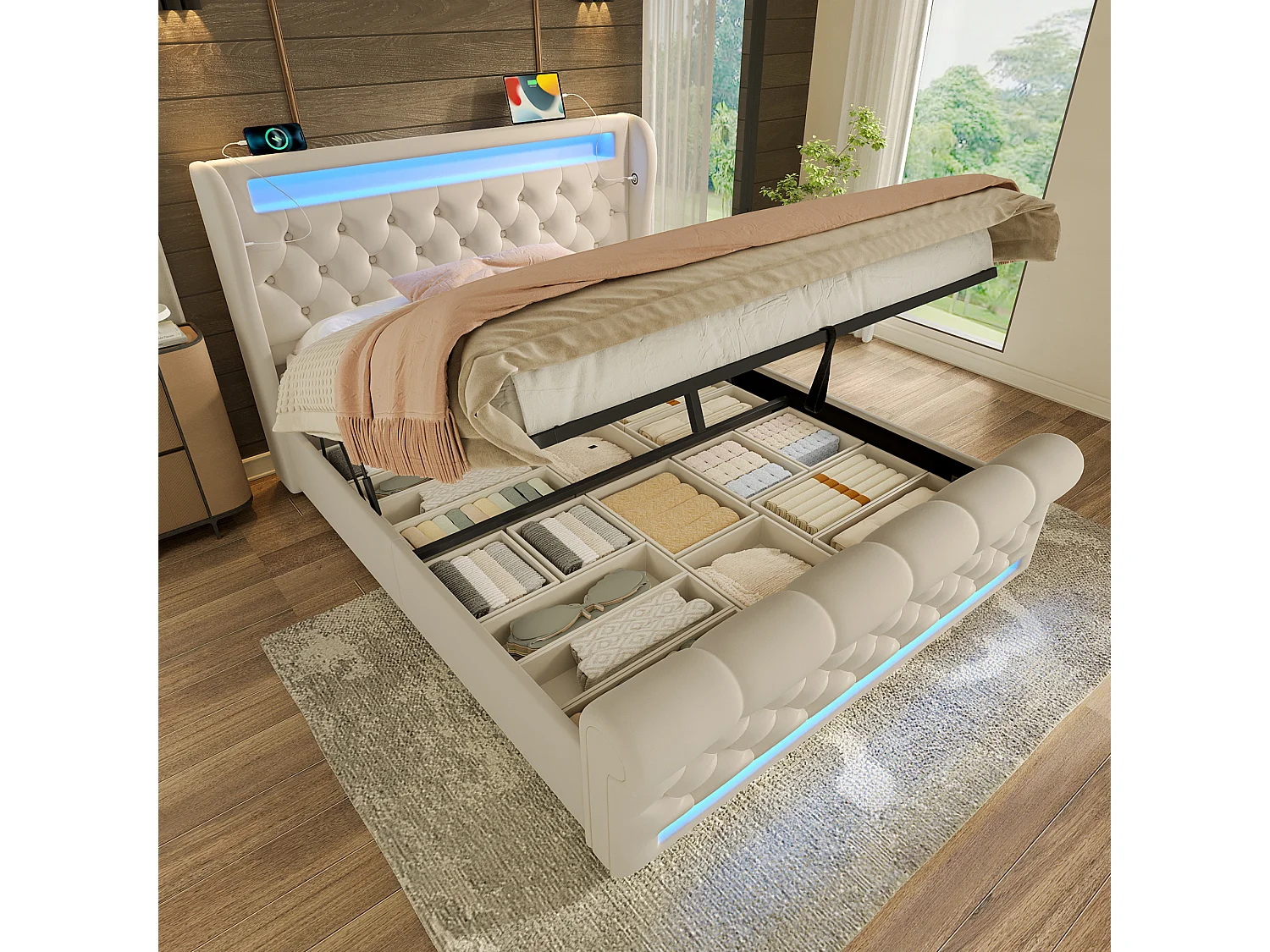Łóżko tapicerowane dwuosobowe z pojemnikiem na pościel - 140 x 190 cm - z diodami LED + zagłówek + porty USB i typu C - hydrauliczny stelaż - aksamit - beż 4901820 - obrazek 1