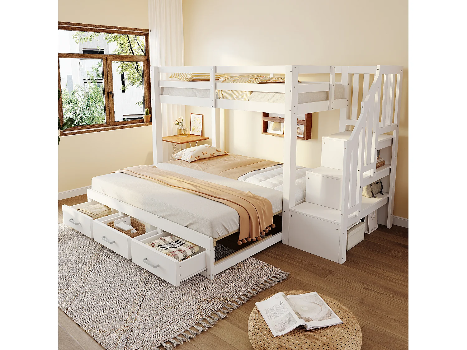 Łóżko piętrowe dla dzieci – 90 x 200 cm – z łóżkiem wysuwanym 90/180 x 190 cm + drabinka + szuflady – drewno – białe 4901837