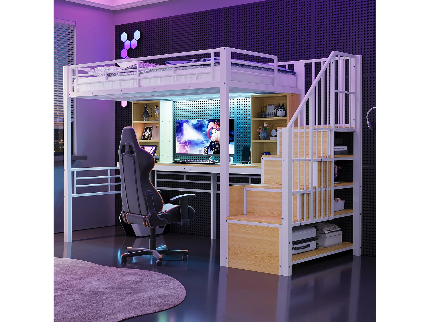 Łóżko piętrowe metalowe dla dzieci - 90 x 200 cm - z drabinką + półki + stolik + diody LED - białe 4901856 - obrazek 1