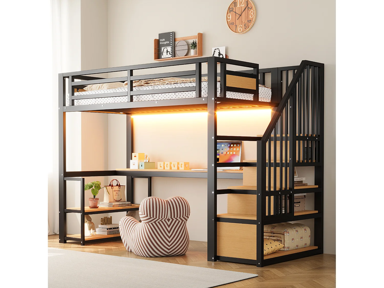 Łóżko piętrowe metalowe dla dzieci - 90 x 200 cm - z diodami LED + gniazdko elektryczne + drabinka + półki + stolik - czarne 4901872 - obrazek 1