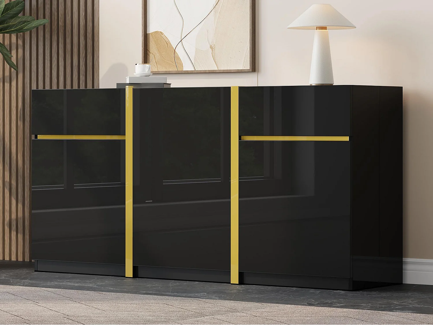 Lakierowany kredens o wysokim połysku 160x40x78 cm – Nowoczesne meble do przechowywania – 3 drzwi i 2 szuflady – MDF – Czarny 4908813
