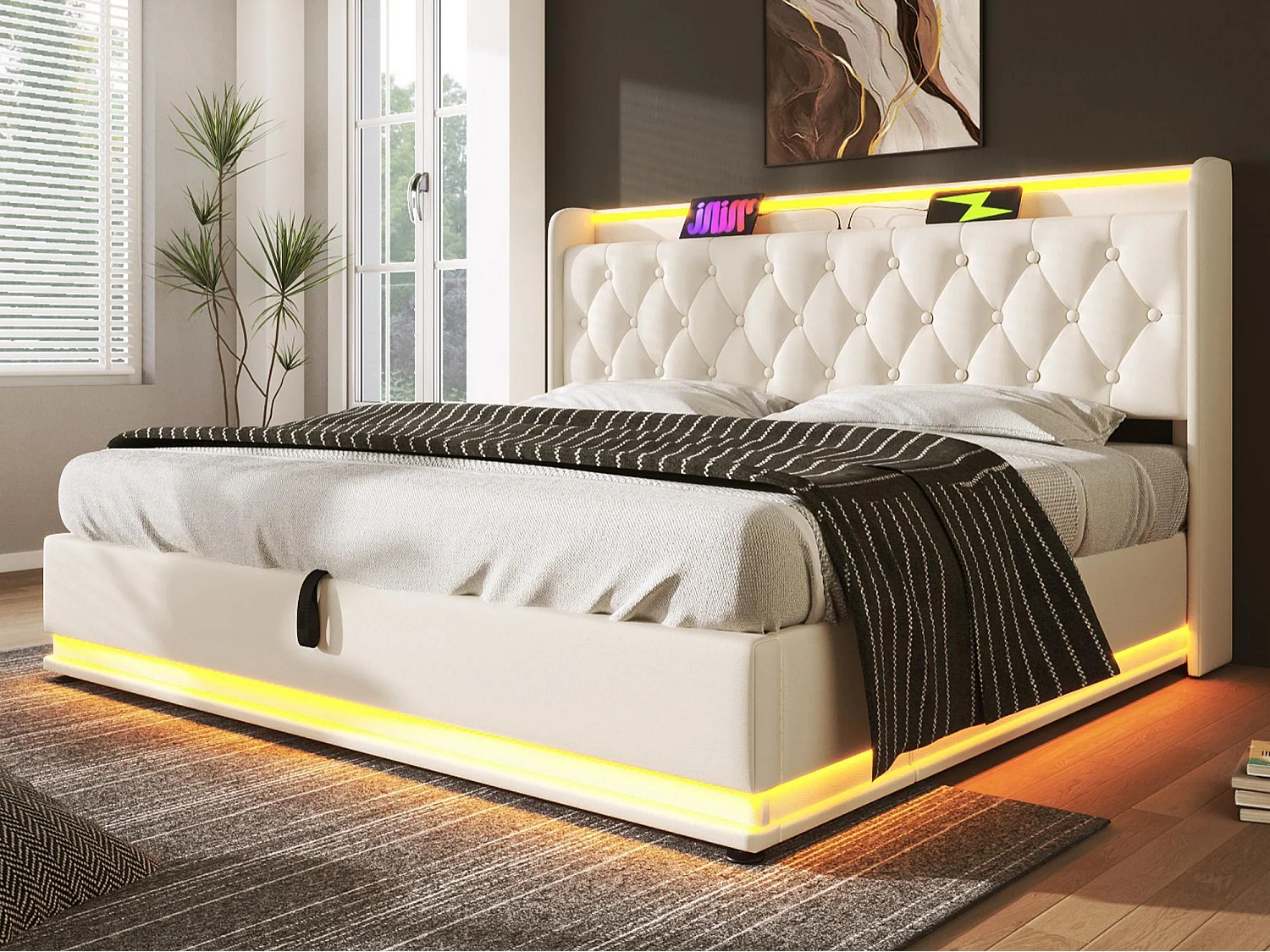Łóżko skrzynia tapicerowane 140x190cm z ekoskóry - z LED i gniazdami USB & Type-C - materiał PU - Biały​ (bez materaca) 4908856 - obrazek 1