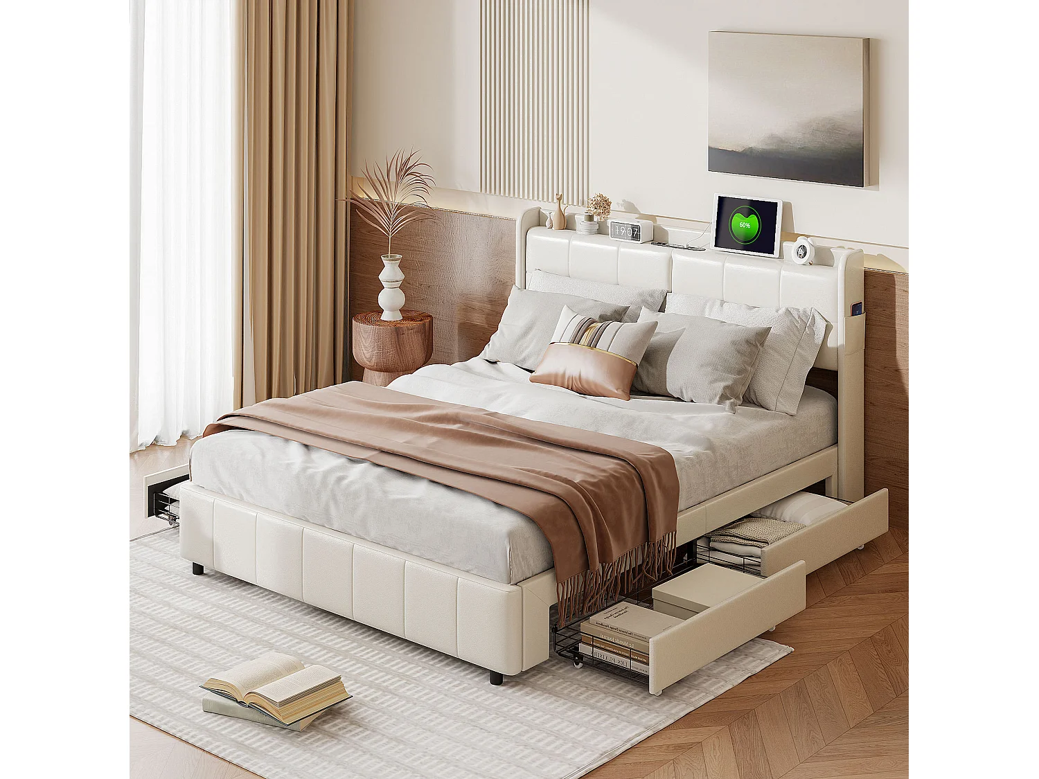 Łóżko podwójne 160x200 cm z białej skóry PU z 4 szufladami i wbudowaną stacją ładowania USB 4914143 - obrazek 1