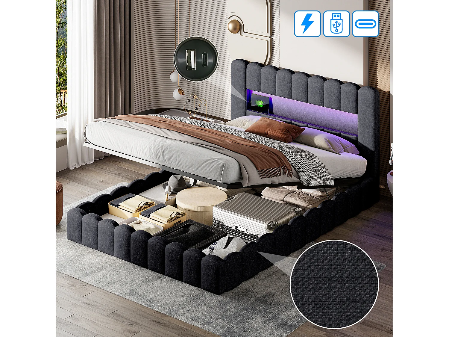 Łóżko podwójne 180x200 cm szare z lnu z hydraulicznym schowkiem, wielokolorowym oświetleniem LED i wbudowanymi portami USB, styl nowoczesny design 4914159 - obrazek 1