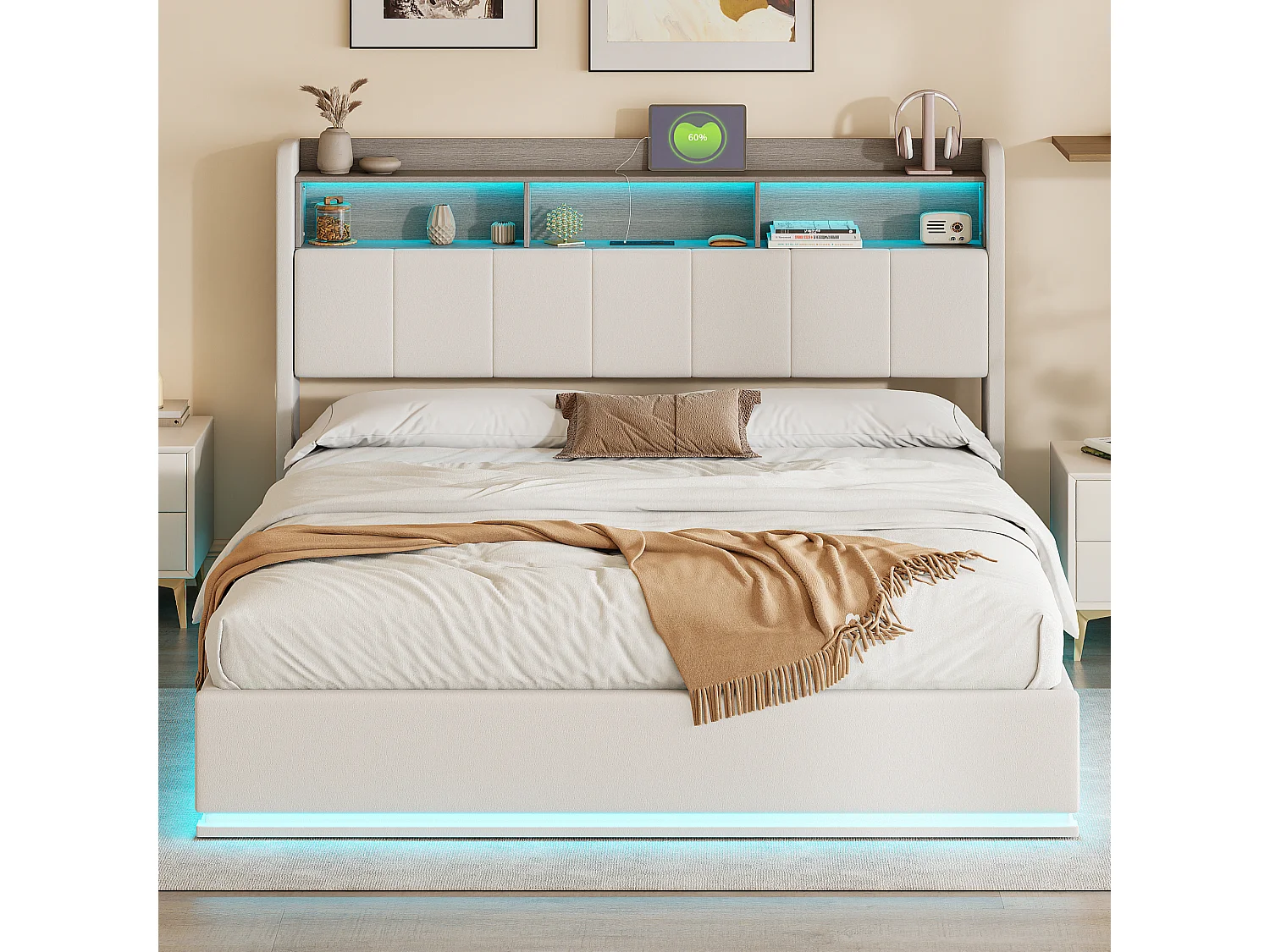 Łóżko podwójne 160x200 cm białe z hydraulicznym schowkiem, wbudowanym oświetleniem LED i stacją ładowania USB, nowoczesny design 4914161 - obrazek 1