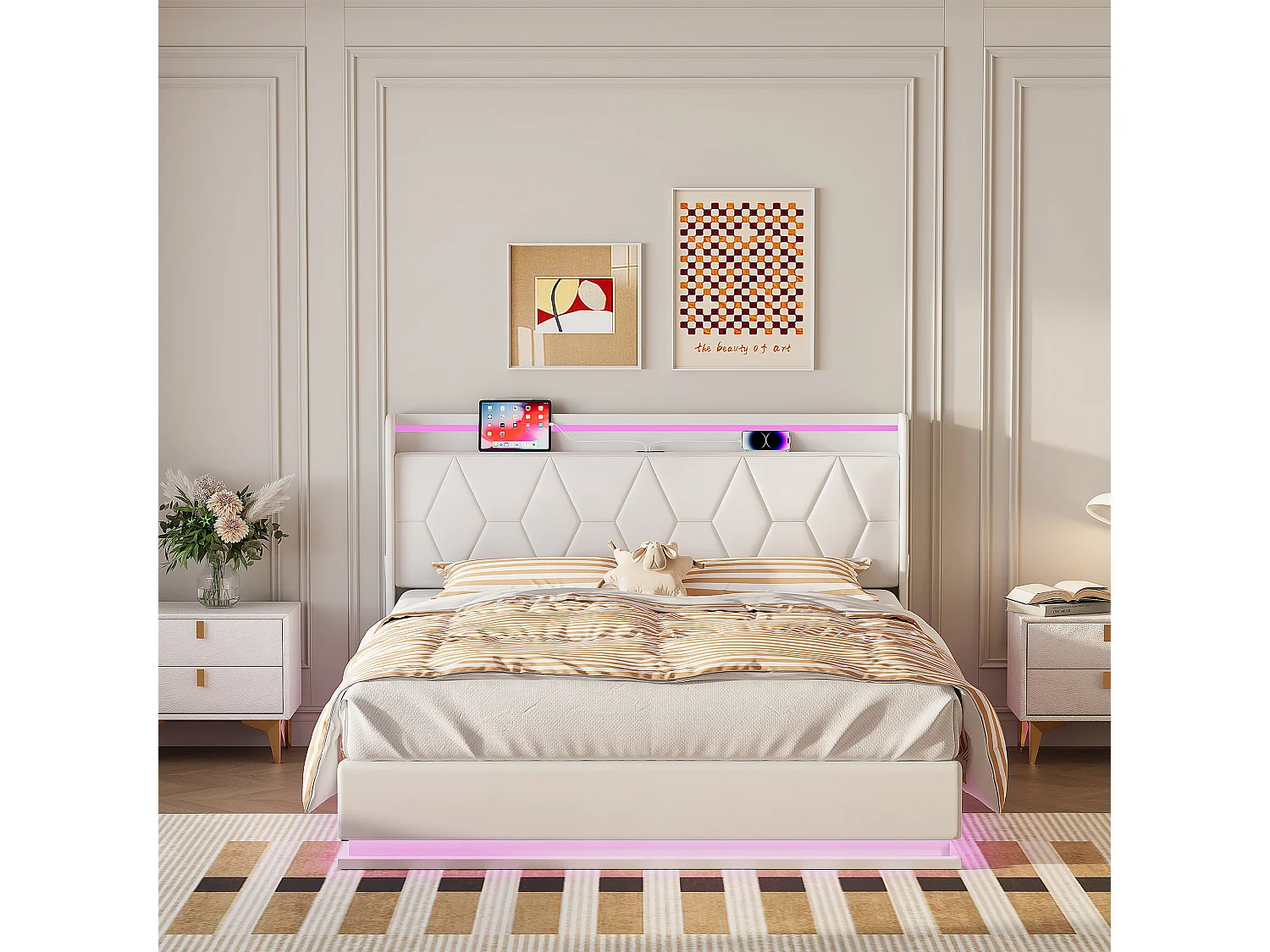 Łóżko podwójne 140x200 cm białe z hydraulicznym schowkiem, regulowanymi LED i interfejsem USB, tapicerowane, rama metalowa i drewniana, bez materaca 4914166 - obrazek 1