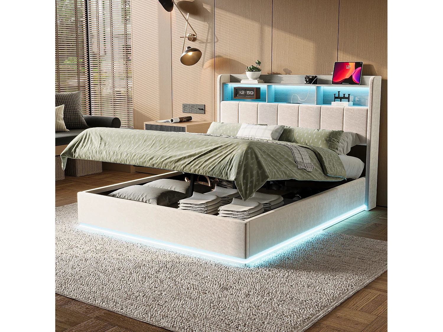 Łóżko podwójne 140x200 cm białe z hydraulicznym schowkiem, wbudowanym oświetleniem LED i stacją ładowania USB, nowoczesny design 4914180 - obrazek 1