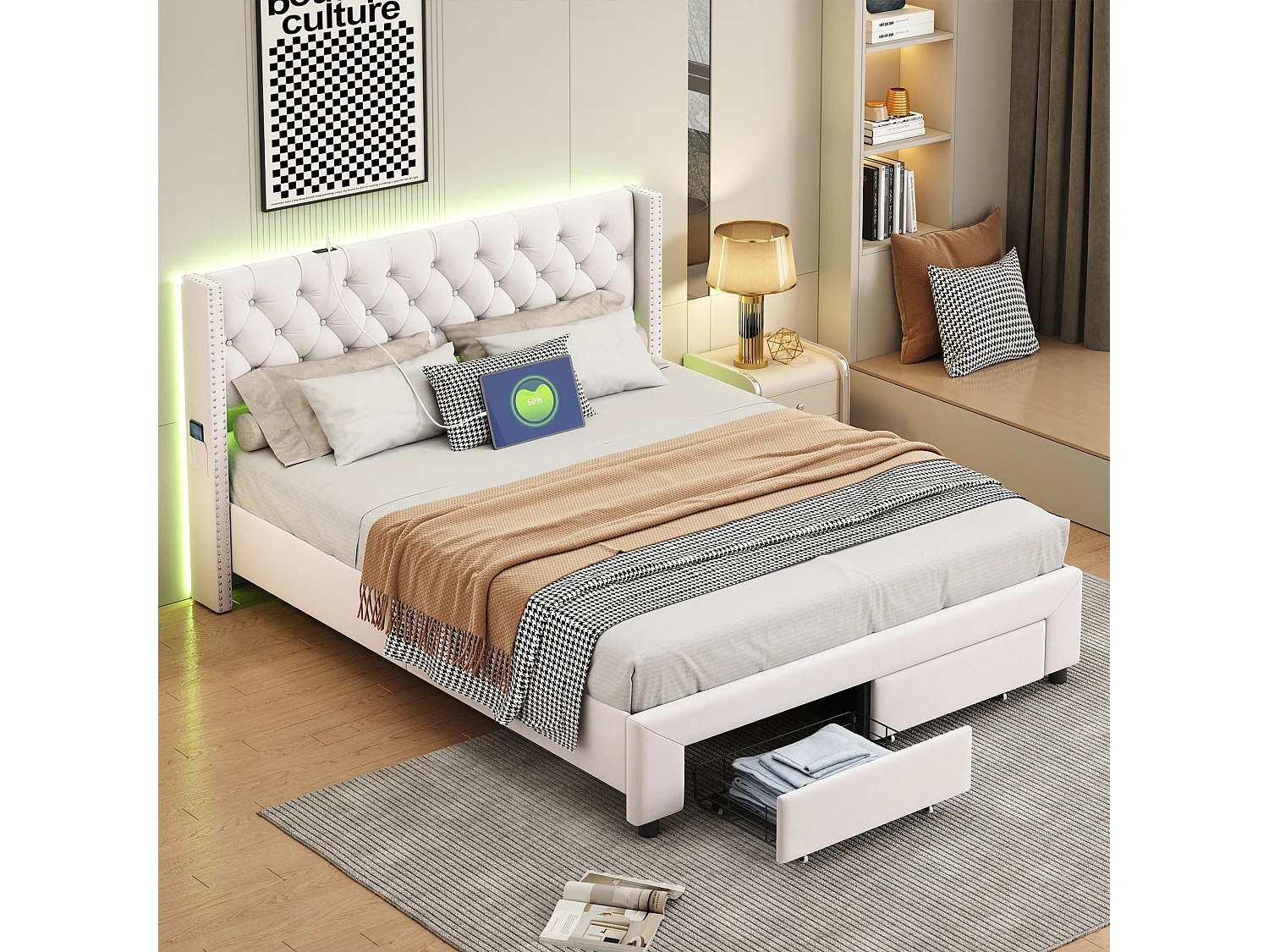 Łóżko Pikowane 160x200 cm z Beżowego Aksamitnego Materiału z Przechowywaniem, Wbudowanymi LED i Portami USB – Elegancki i Funkcjonalny Design 4776077 - obrazek 1