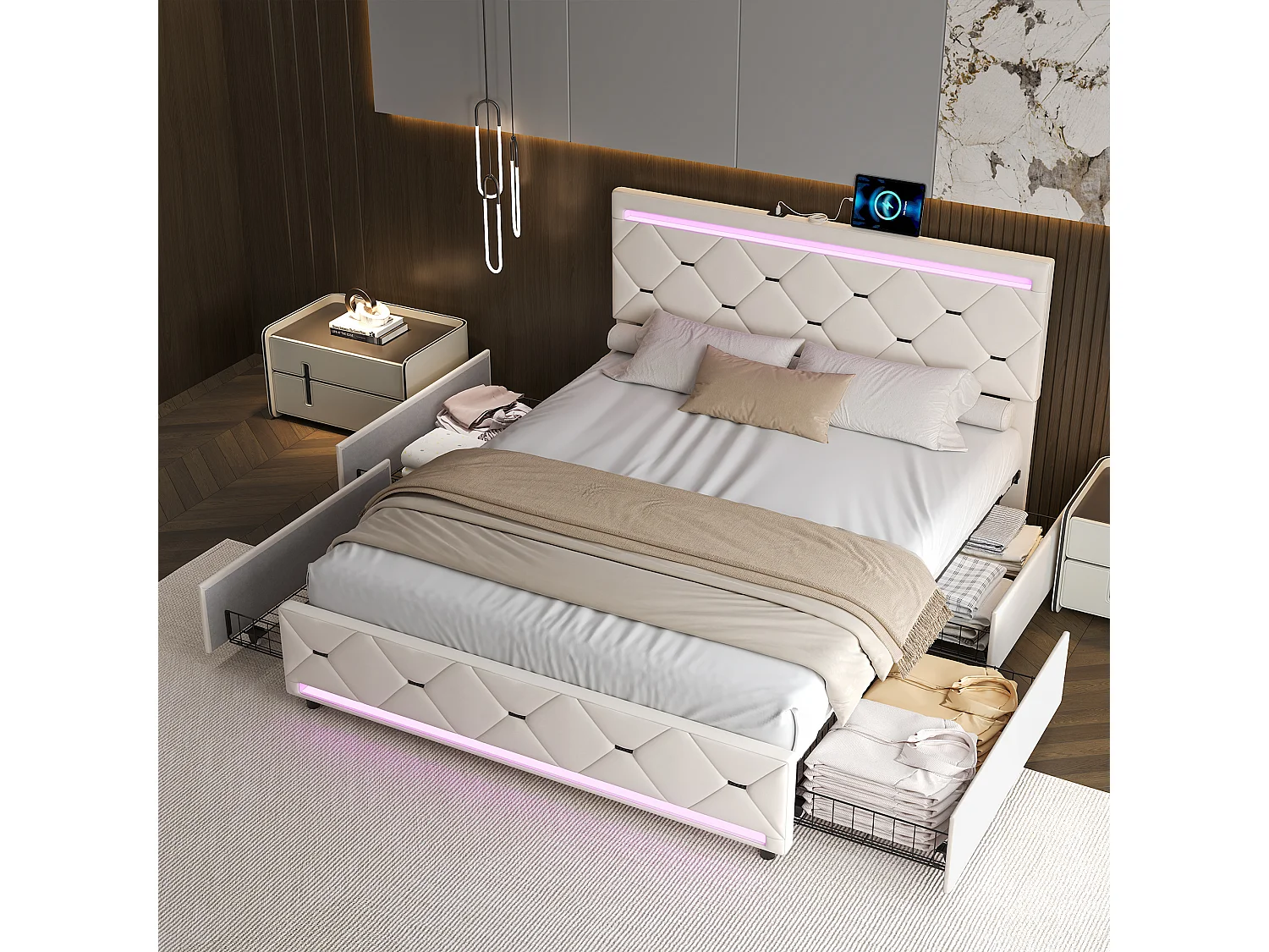 Łóżko pikowane z beżowego aksamitu 140x200 cm z LED RGB, 4 bocznymi szufladami, portami USB, ramą MDF i litego drewna 4899755 - obrazek 1