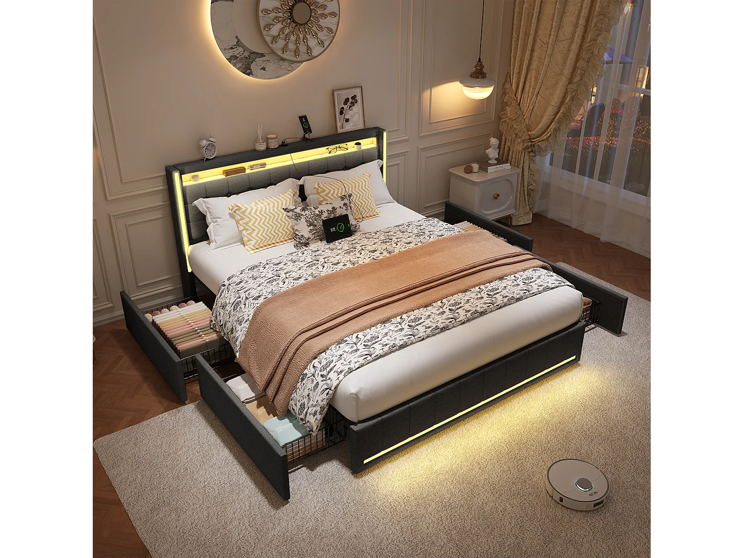 Łóżko podwójne 140×190 cm szare z 4 szufladami, oświetlenie LED RGB, zagłówek USB, nowoczesny design lniany 4749867