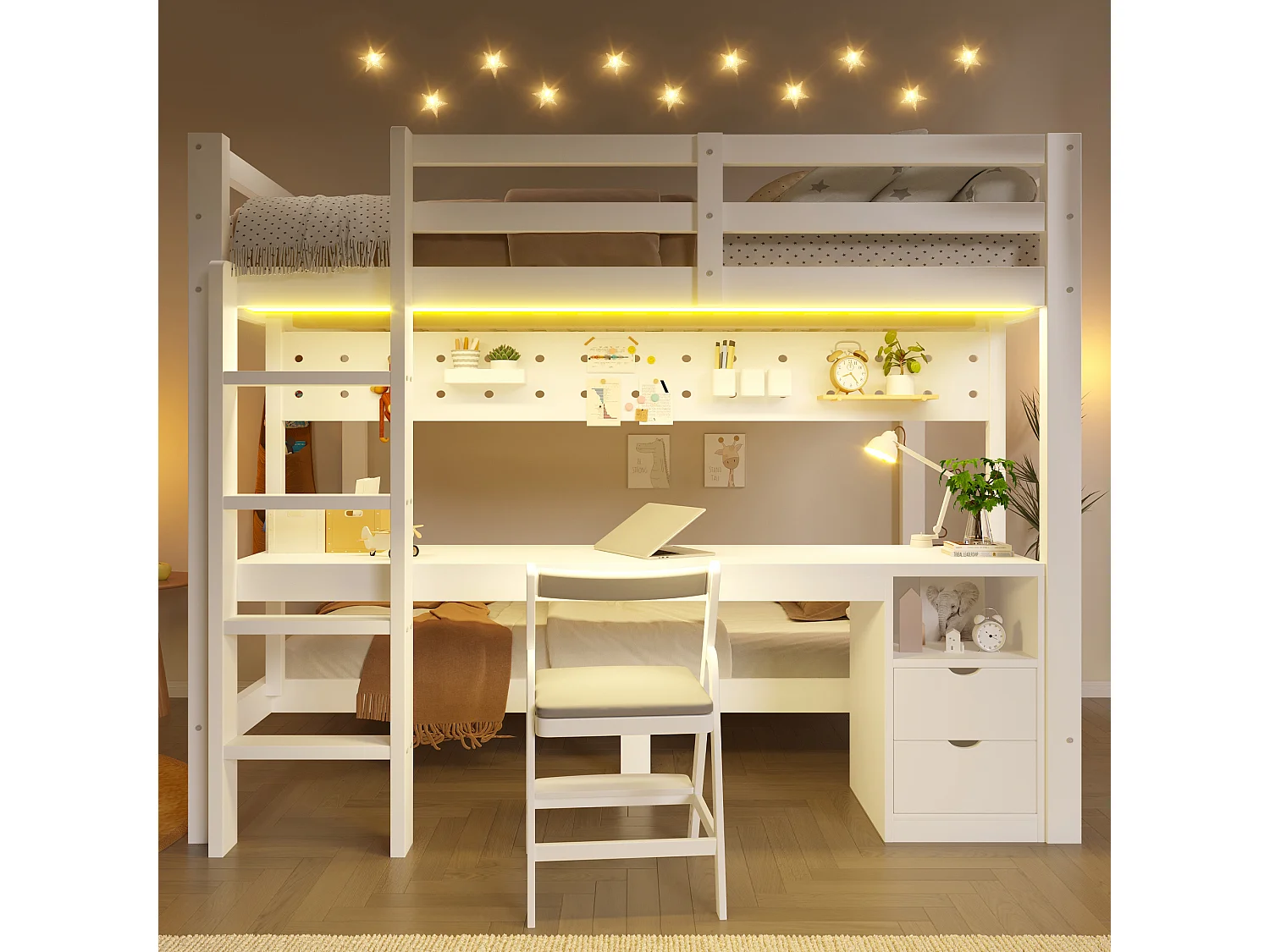 Łóżko piętrowe Enfamt - 90 x 200 cm + 140 x 200 cm - z diodami LED + biurko + szuflady - drewno - białe 4918076 - obrazek 1