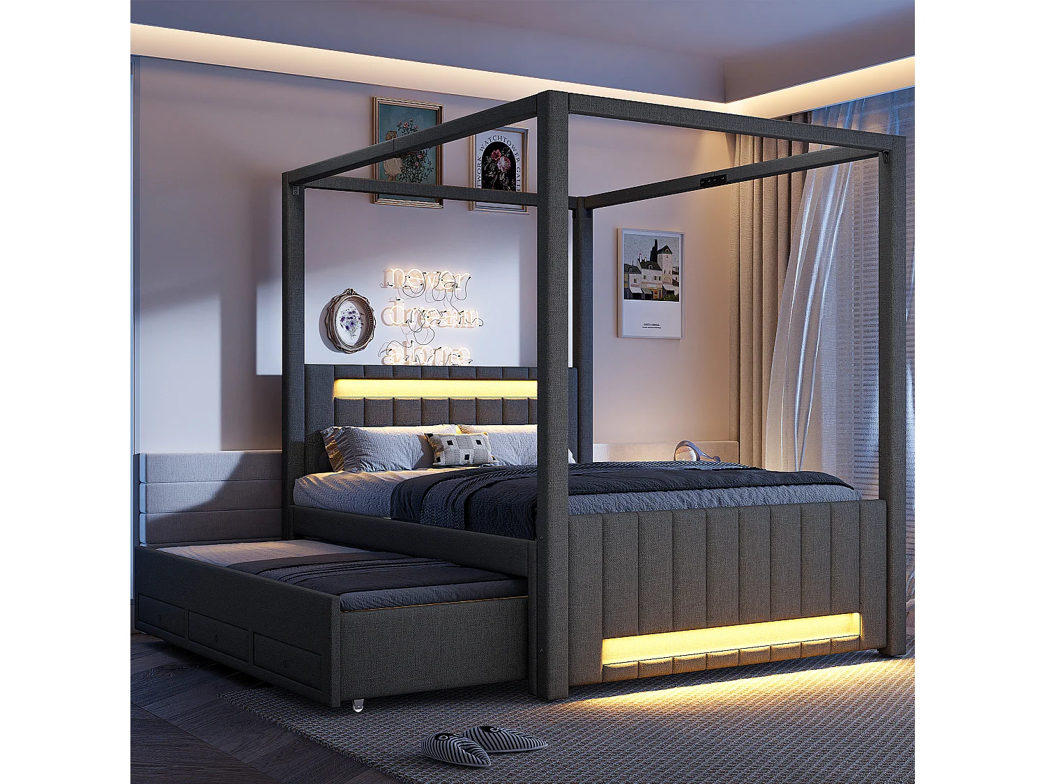 Łóżko tapicerowane z baldachimem - 140 x 200 cm - z łóżkiem wysuwanym 90 x 190 cm + 3 szuflady + oświetlenie LED - len + płyta MDF - szary 4918104 - obrazek 1