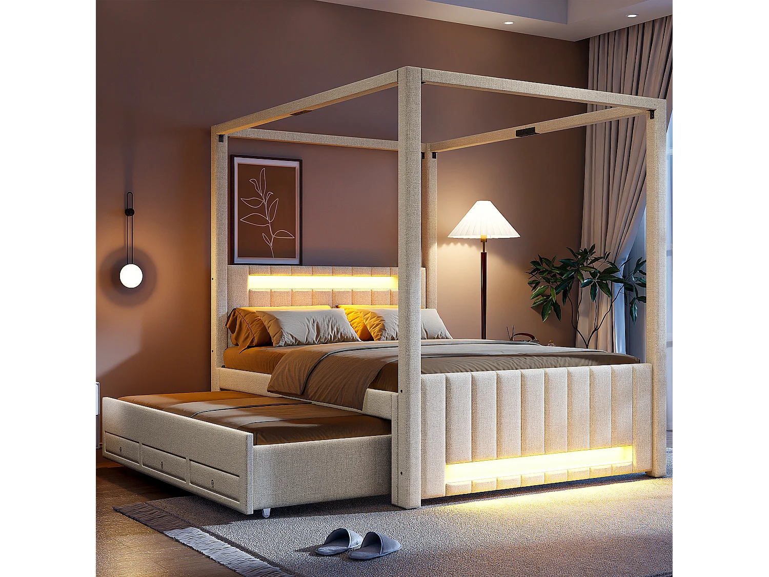 Łóżko tapicerowane z baldachimem - 140 x 200 cm - z łóżkiem wysuwanym 90 x 190 cm + 3 szuflady + oświetlenie LED - len + płyta MDF - beż 4918108 - obrazek 1
