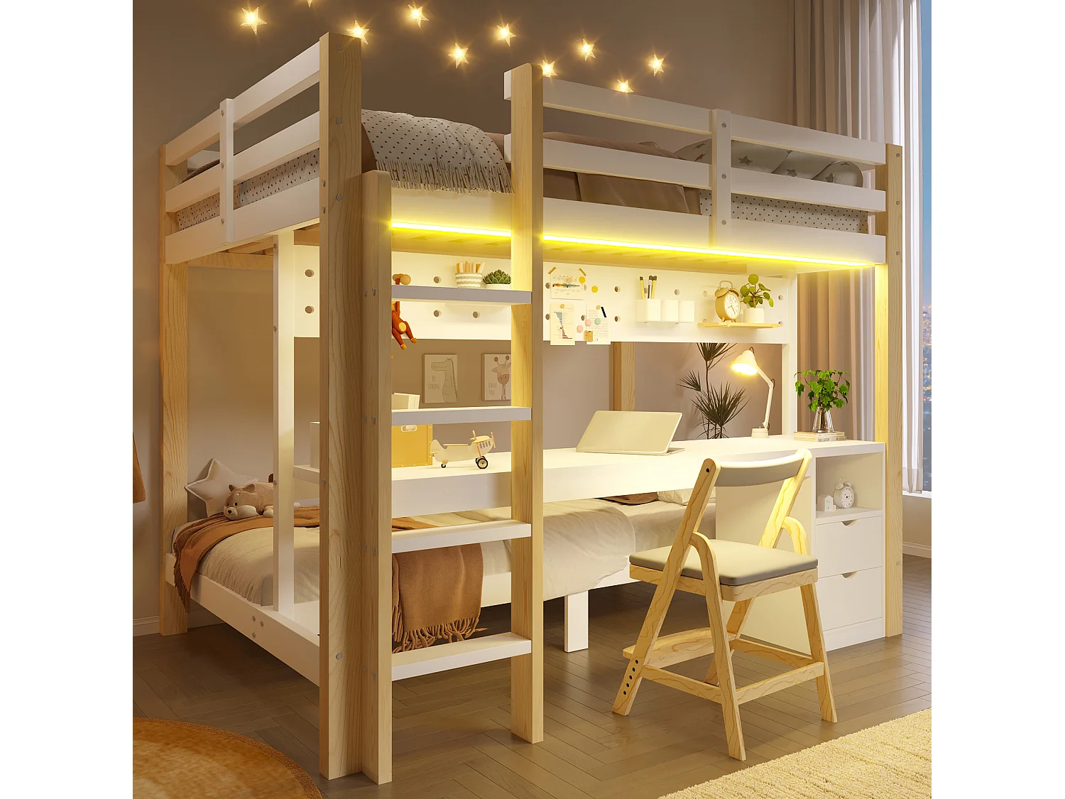 Łóżko piętrowe Enfamt - 90 x 200 cm + 140 x 200 cm - z diodami LED + biurko + szuflady - drewno - naturalny + biały 4918117 - obrazek 1
