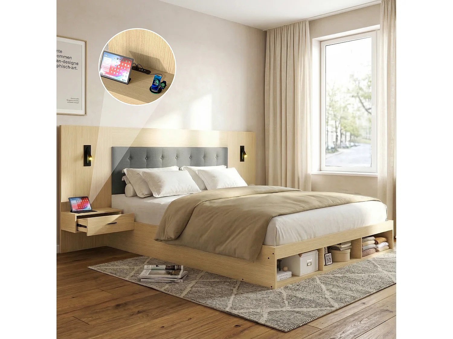 Łóżko podwójne ze schowkiem - 180 x 200 cm - z portami USB i Type-C + lampka do czytania + 2 szafki nocne - MDF - naturalny 4918161 - obrazek 1