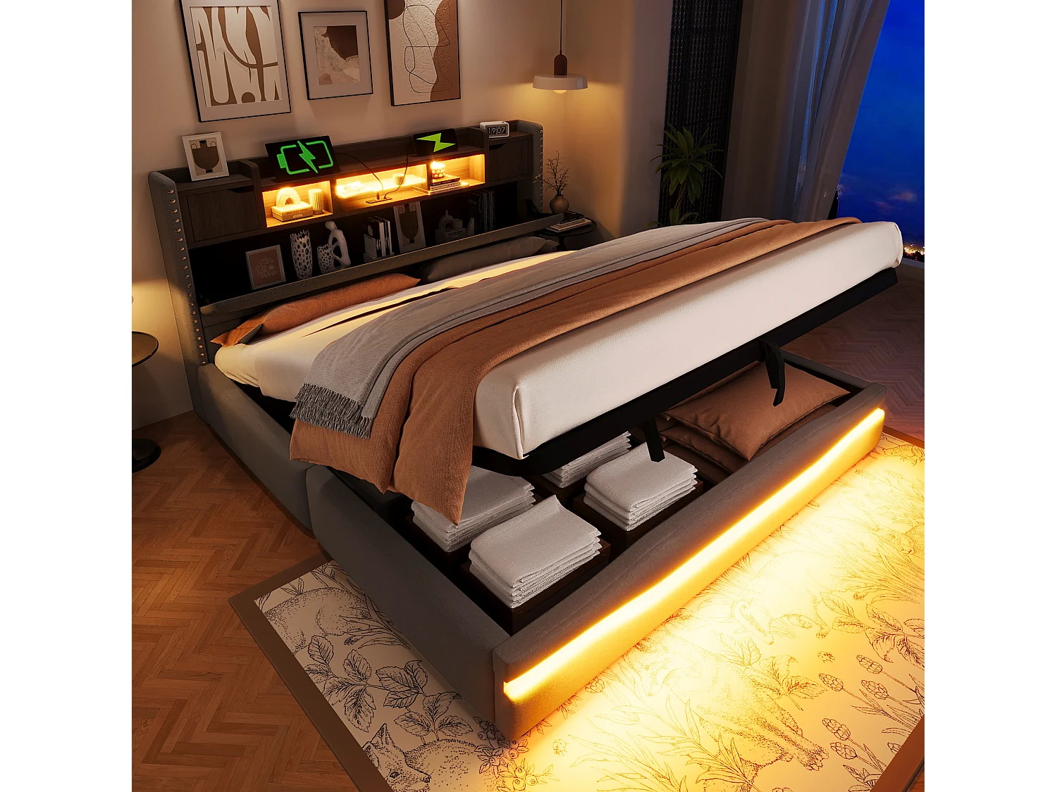 Łóżko tapicerowane z pojemnikiem - 180 x 200 cm - z USB-C + diodami LED - zagłówek ze schowkiem - len + płyta MDF - szare 4918164 - obrazek 1