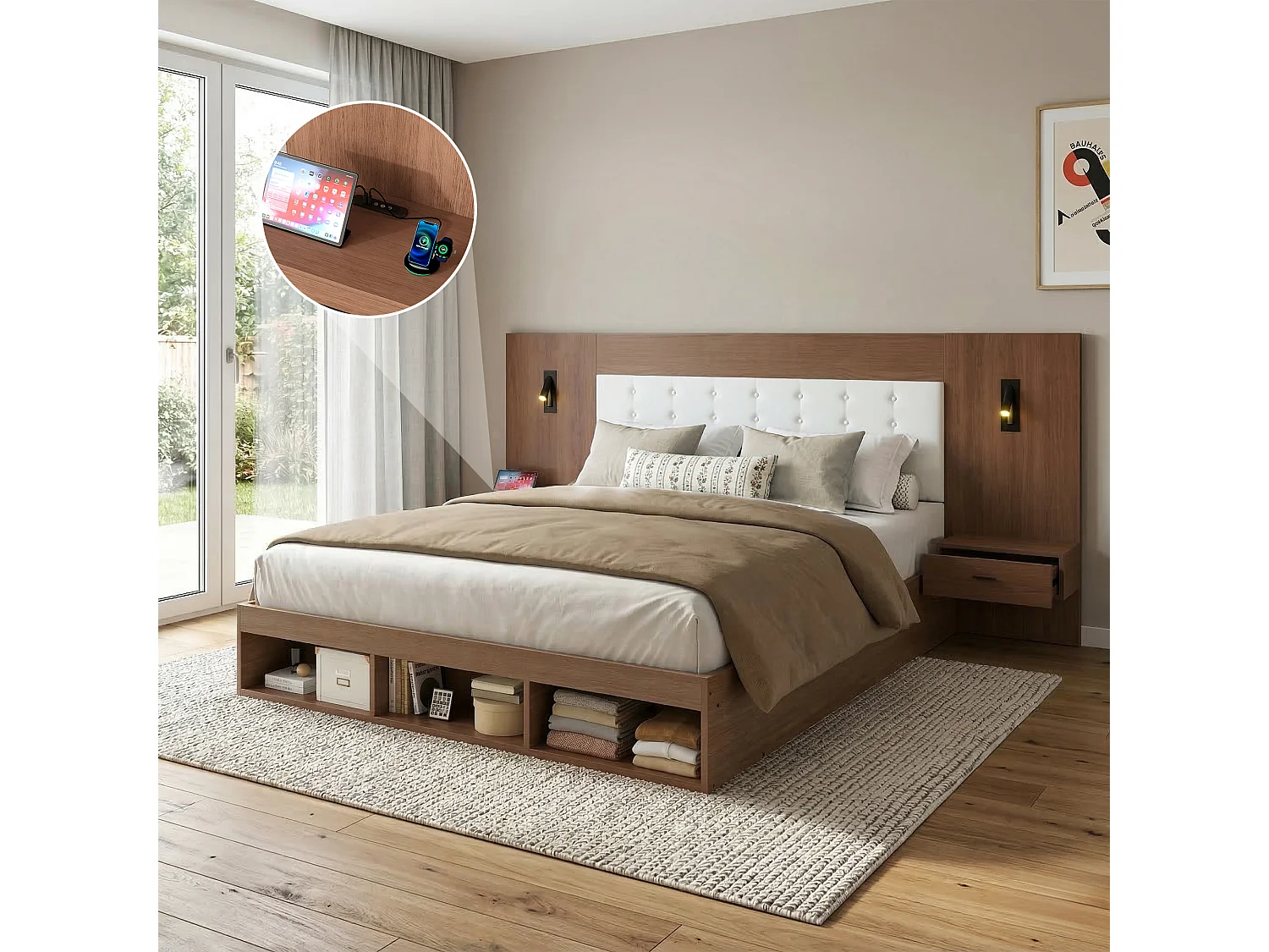 Łóżko podwójne ze schowkiem - 180 x 200 cm - z portami USB i Type-C + lampka do czytania + 2 szafki nocne - MDF - brązowe 4918167 - obrazek 1